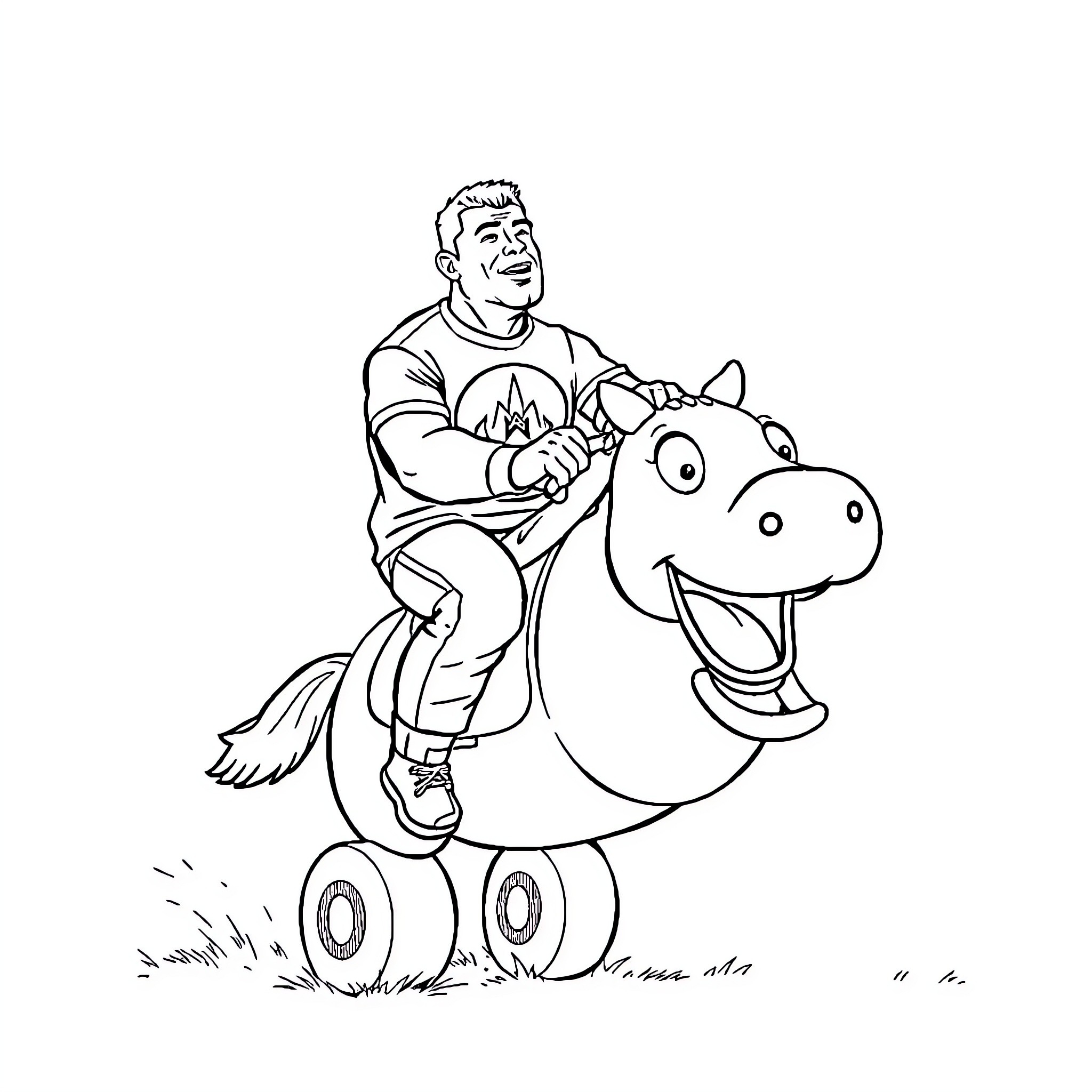 John Cena rides a friendly dinosaur Coloring Page (free black-and-white line drawing printable PDF for all, from beginners to advanced learners, including children, teens, adults, and seniors)