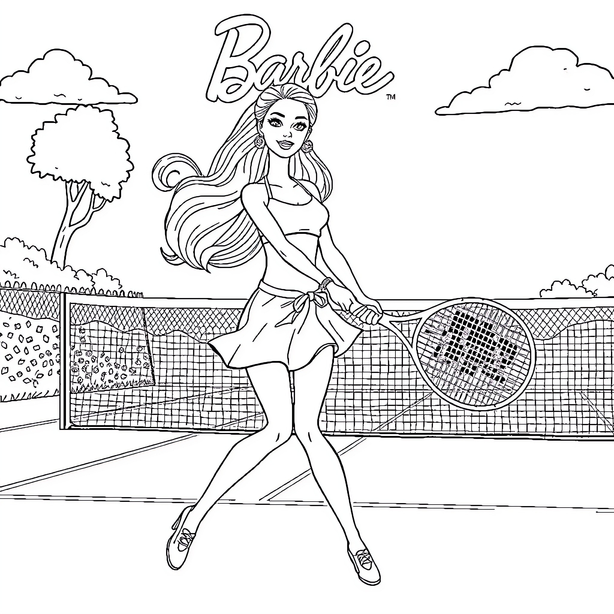 Barbie playing tennis on the court Coloring Page (free black-and-white line drawing printable PDF for all, from beginners to advanced learners, including children, teens, adults, and seniors)
