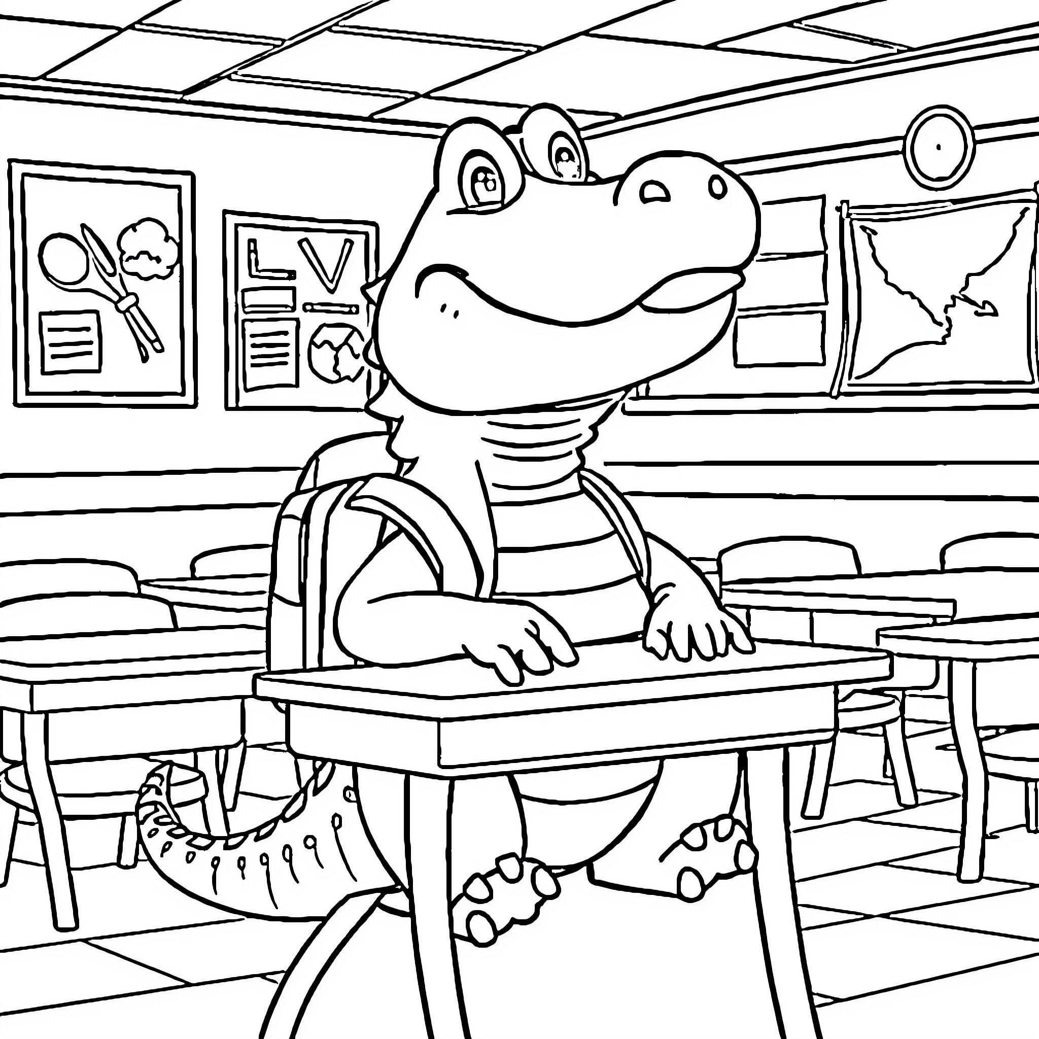 Alligator student learning in classroom Coloring Page (free black-and-white line drawing printable PDF for all, from beginners to advanced learners, including children, teens, adults, and seniors)