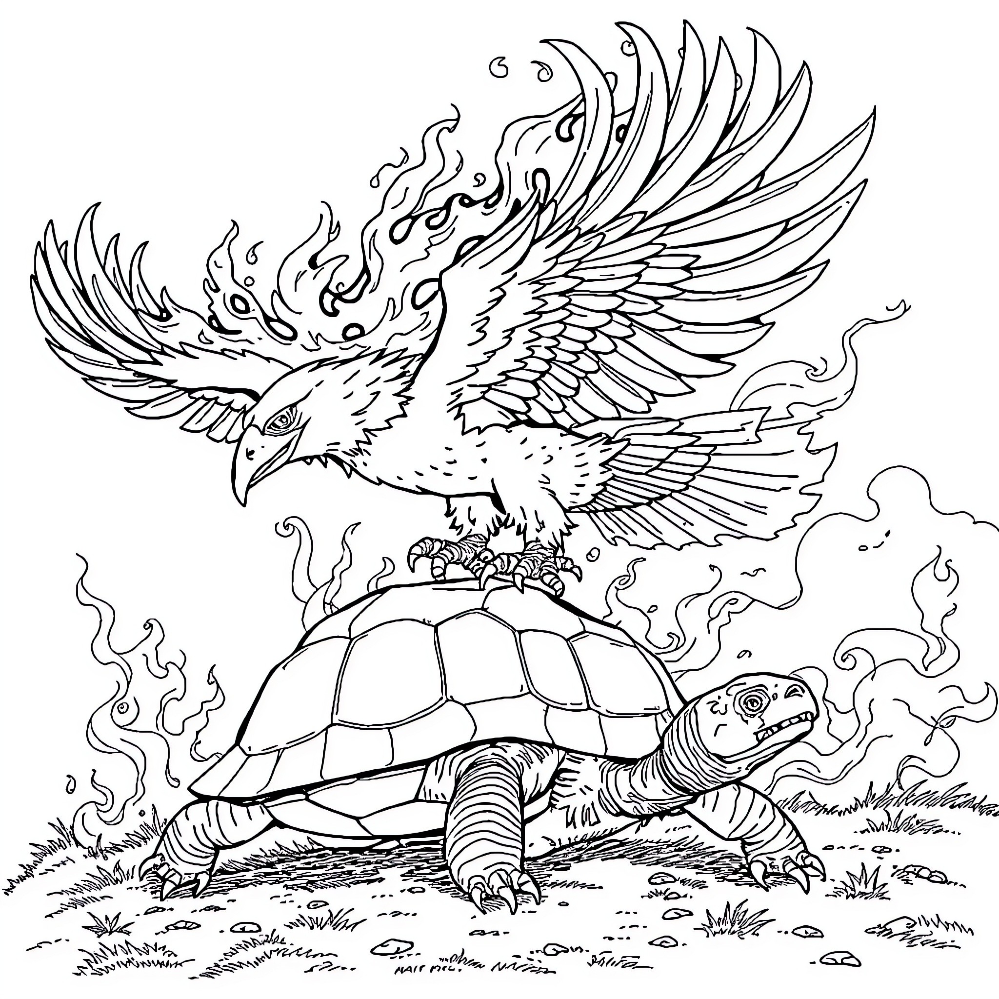 Turtle soaring with majestic bird companion Coloring Page (free black-and-white line drawing printable PDF for all, from beginners to advanced learners, including children, teens, adults, and seniors)