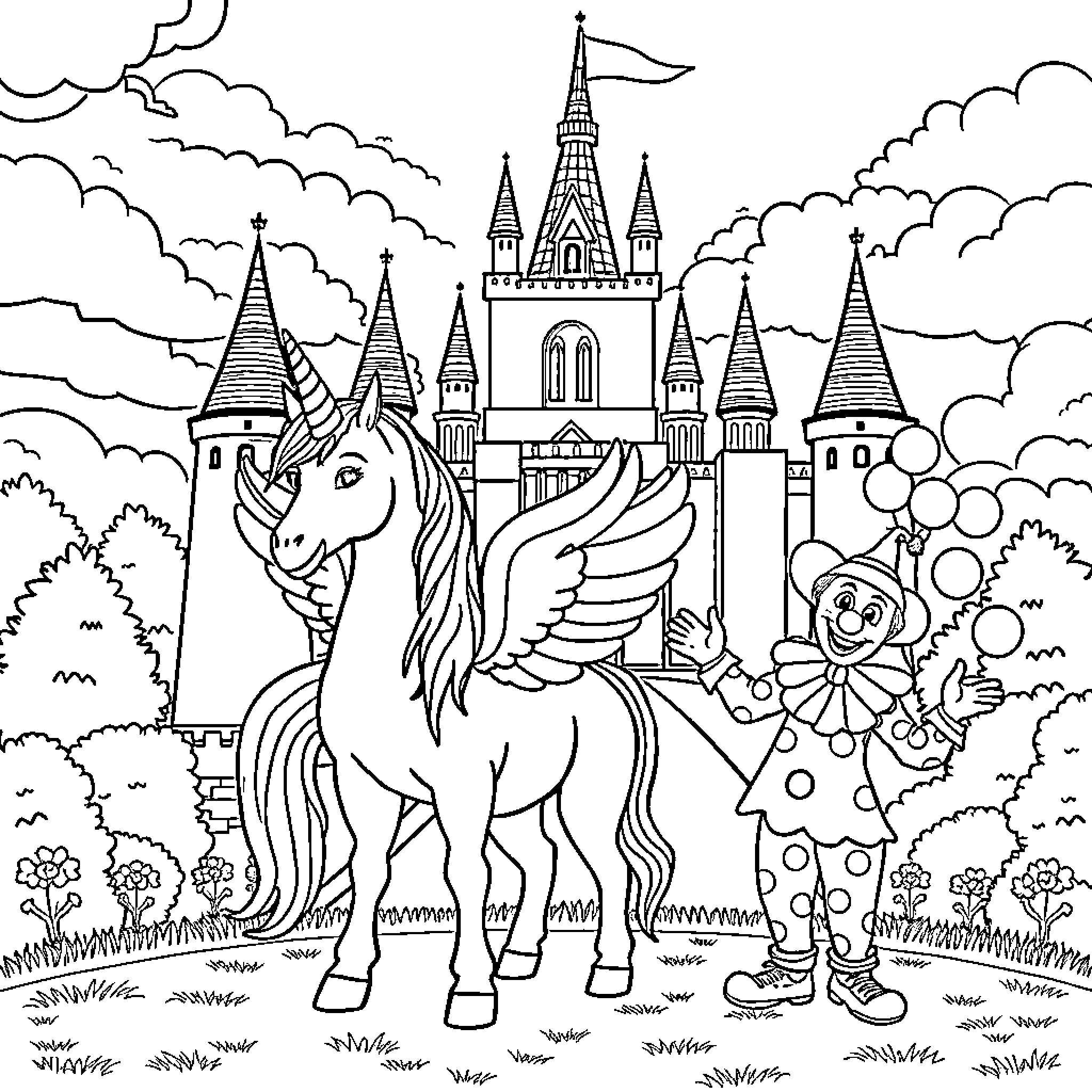 Unicorn and Clown in Fantasy Castle Landscape Coloring Page (free black-and-white line drawing printable PDF for all, from beginners to advanced learners, including children, teens, adults, and seniors)