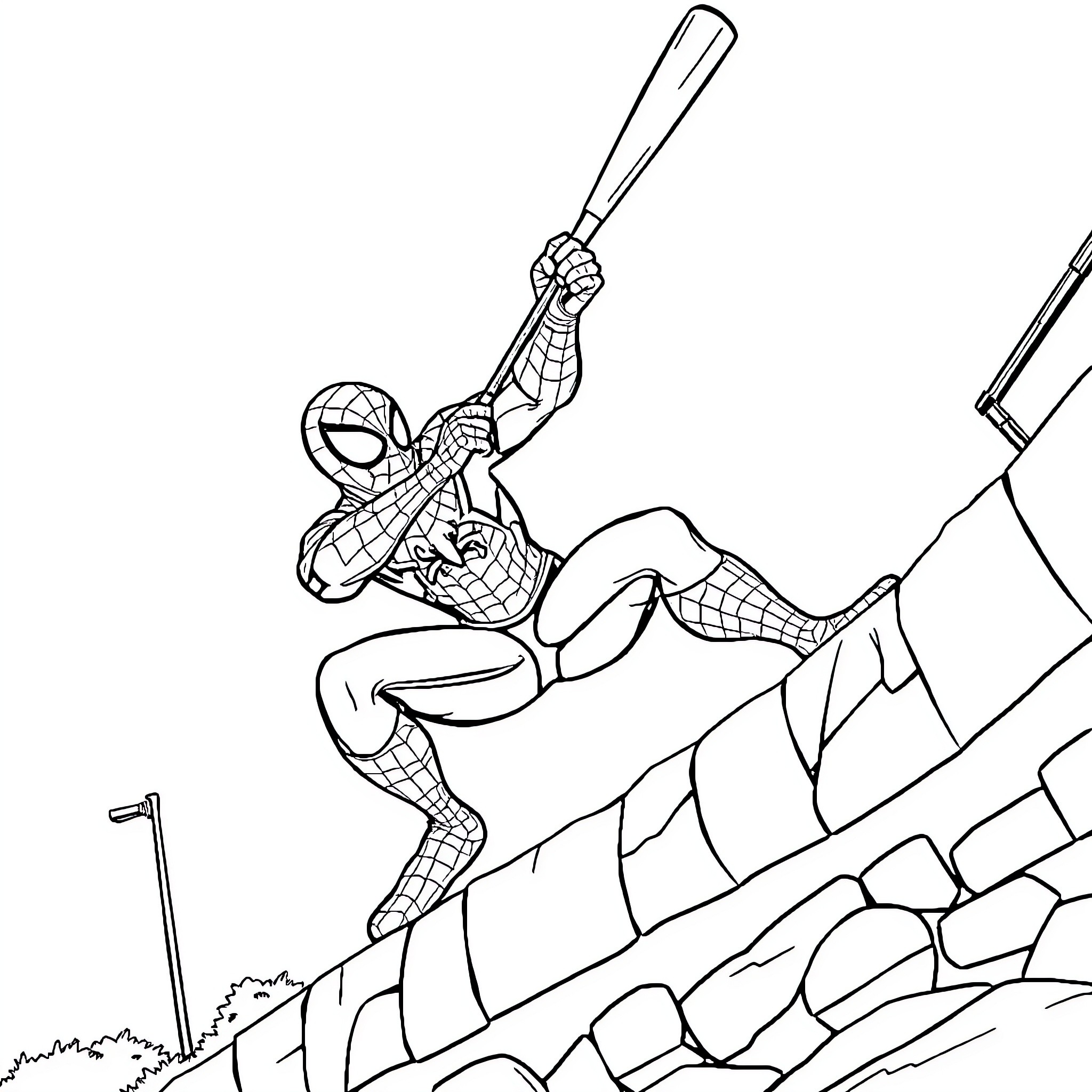 Spidey scaling the city walls with agility Coloring Page (free black-and-white line drawing printable PDF for all, from beginners to advanced learners, including children, teens, adults, and seniors)