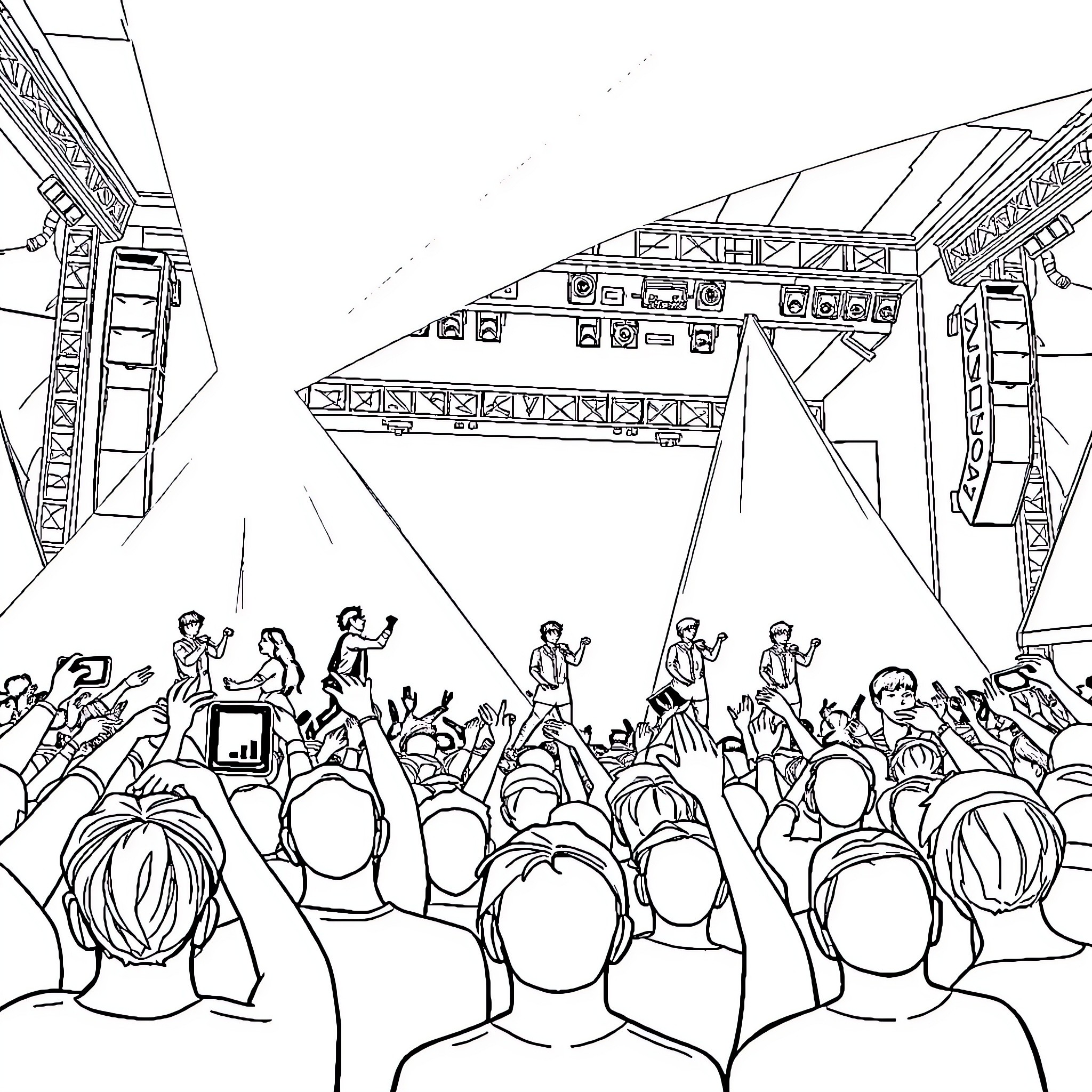 BTS Performing on Stage to Enthusiastic Crowd Coloring Page (free black-and-white line drawing printable PDF for all, from beginners to advanced learners, including children, teens, adults, and seniors)