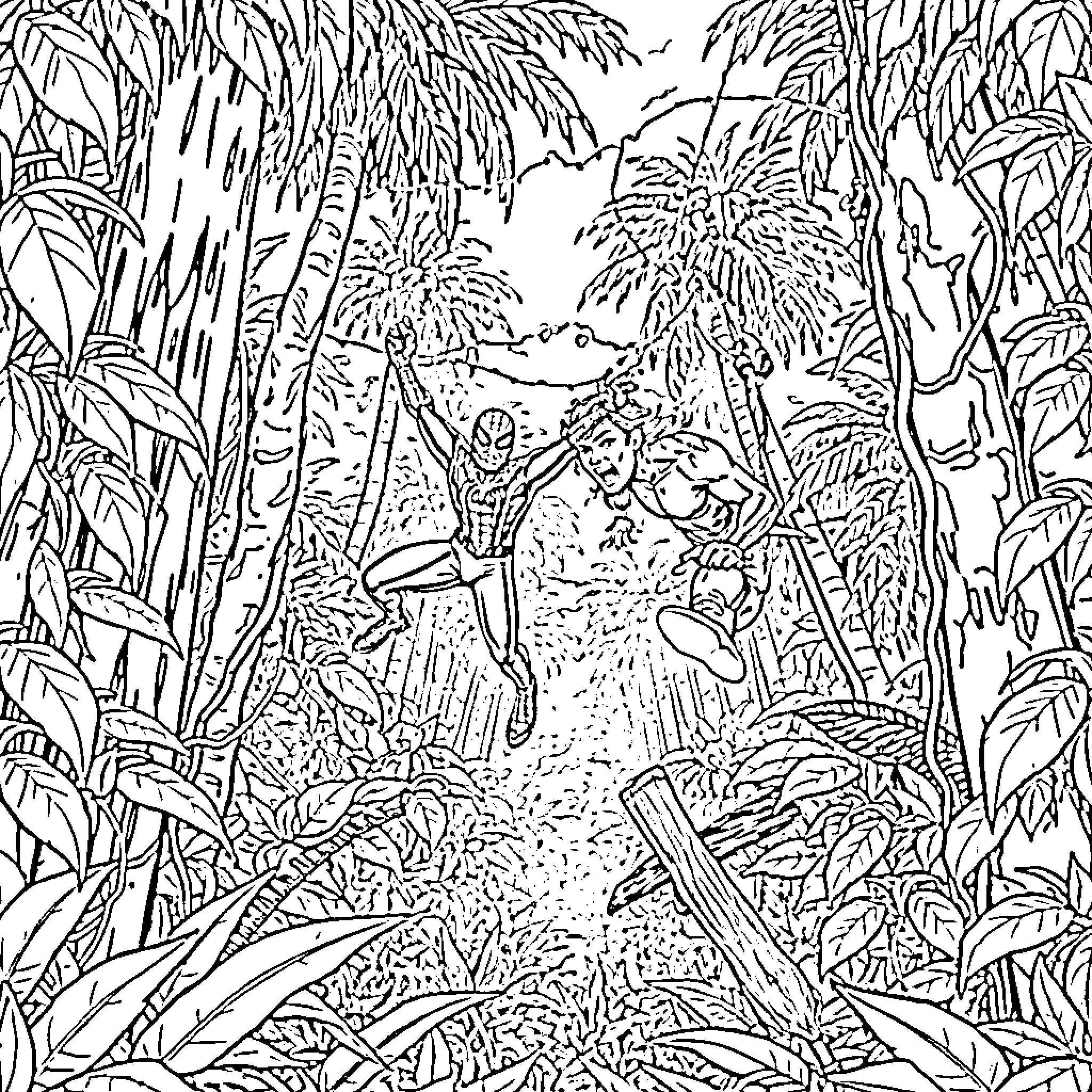 Spiderman swinging through a lush jungle landscape Coloring Page (free black-and-white line drawing printable PDF for all, from beginners to advanced learners, including children, teens, adults, and seniors)