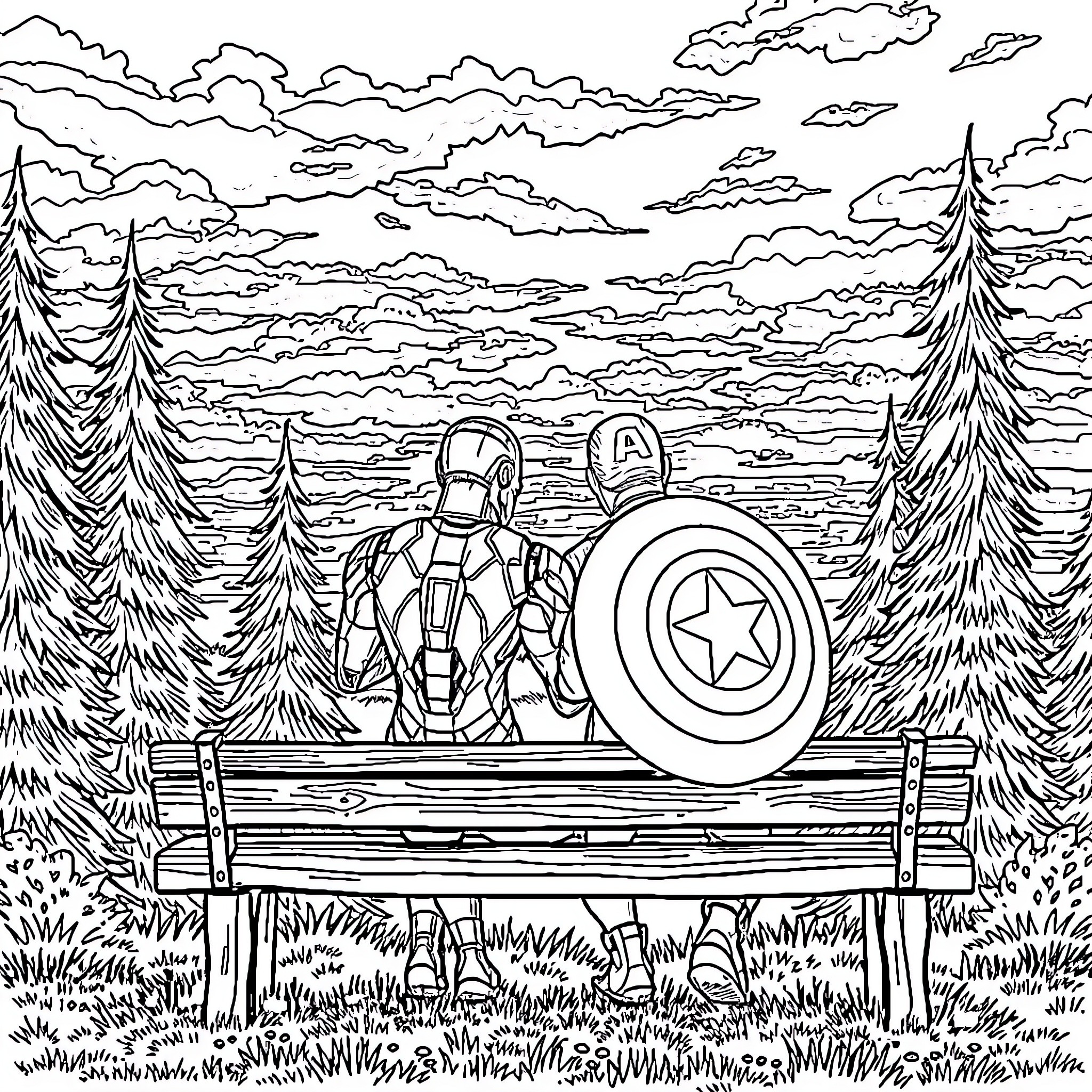 Ironman resting on a bench in the scenic forest Coloring Page (free black-and-white line drawing printable PDF for all, from beginners to advanced learners, including children, teens, adults, and seniors)
