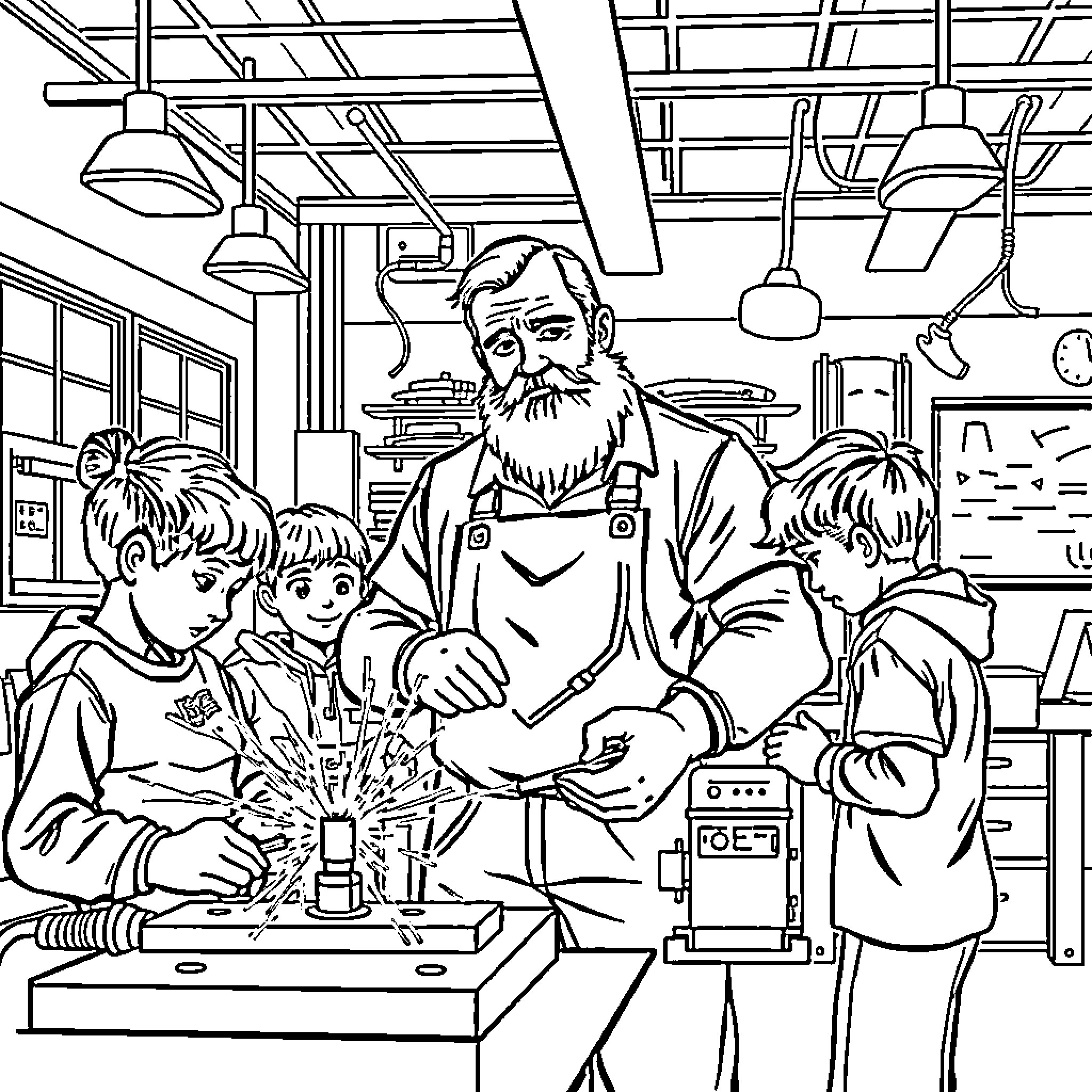 Teacher guiding students in science classroom Coloring Page (free black-and-white line drawing printable PDF for all, from beginners to advanced learners, including children, teens, adults, and seniors)