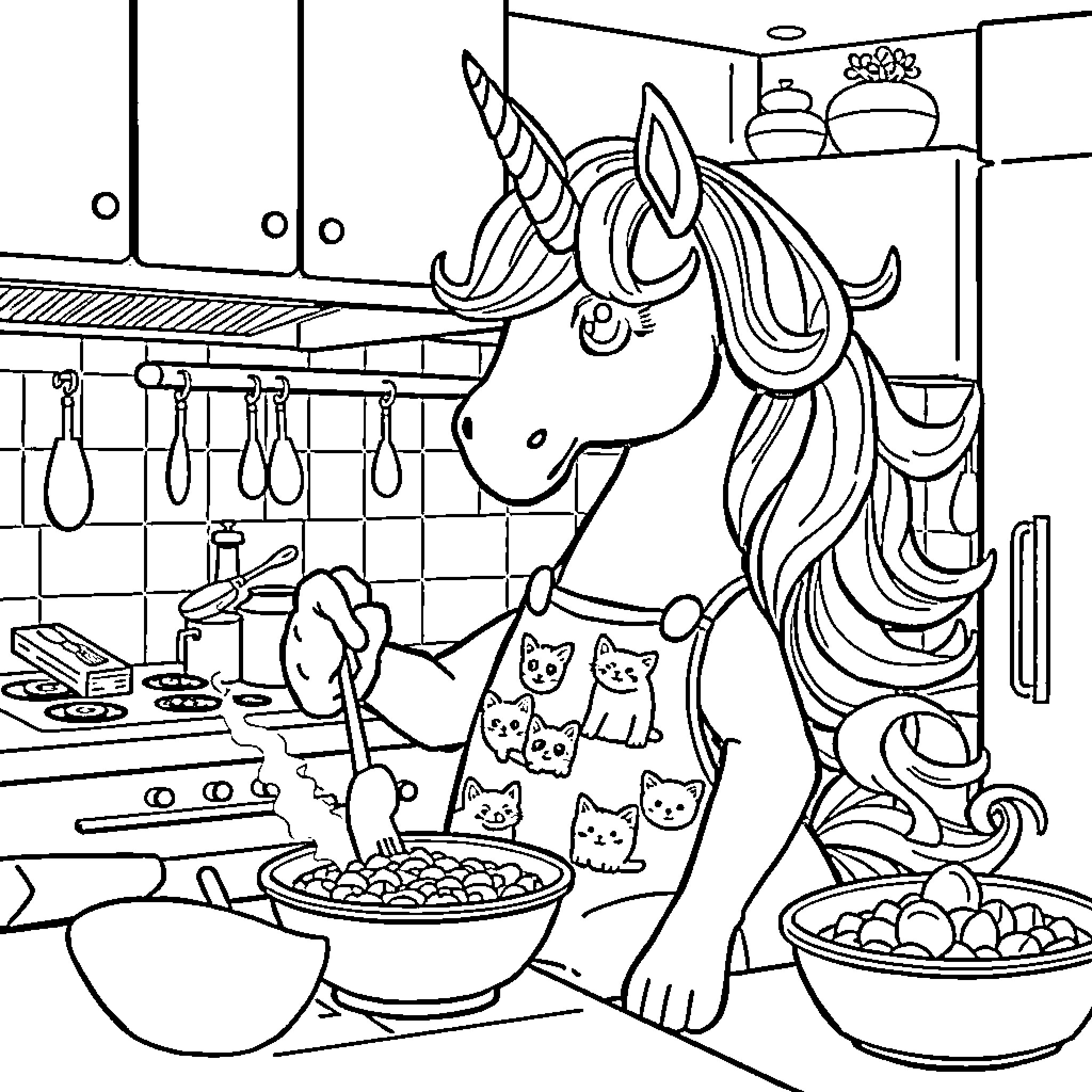 Unicorn chef baking treats for adorable kittens Coloring Page (free black-and-white line drawing printable PDF for all, from beginners to advanced learners, including children, teens, adults, and seniors)