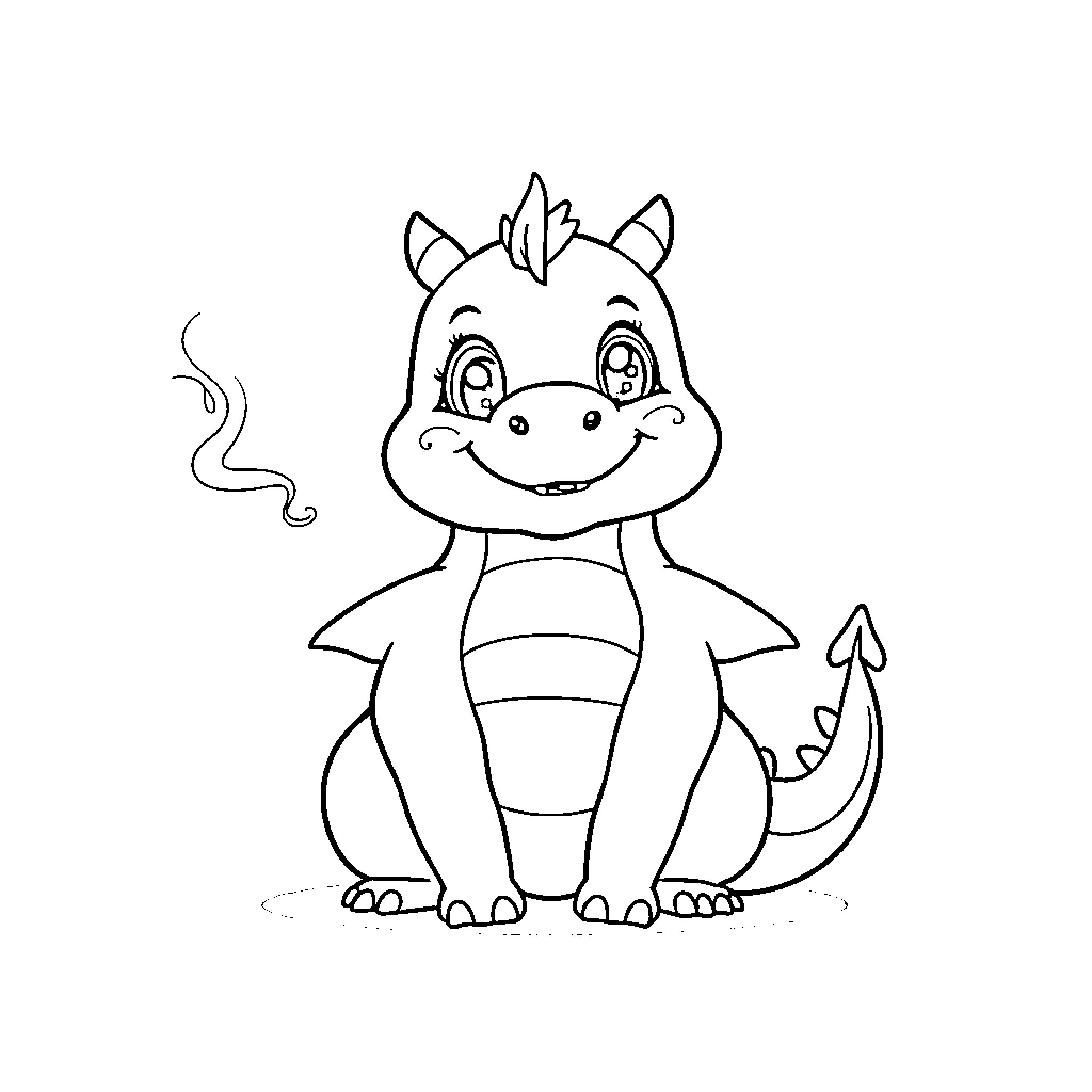 Dragon breathing smoke happily in the wild Coloring Page (free black-and-white line drawing printable PDF for all, from beginners to advanced learners, including children, teens, adults, and seniors)