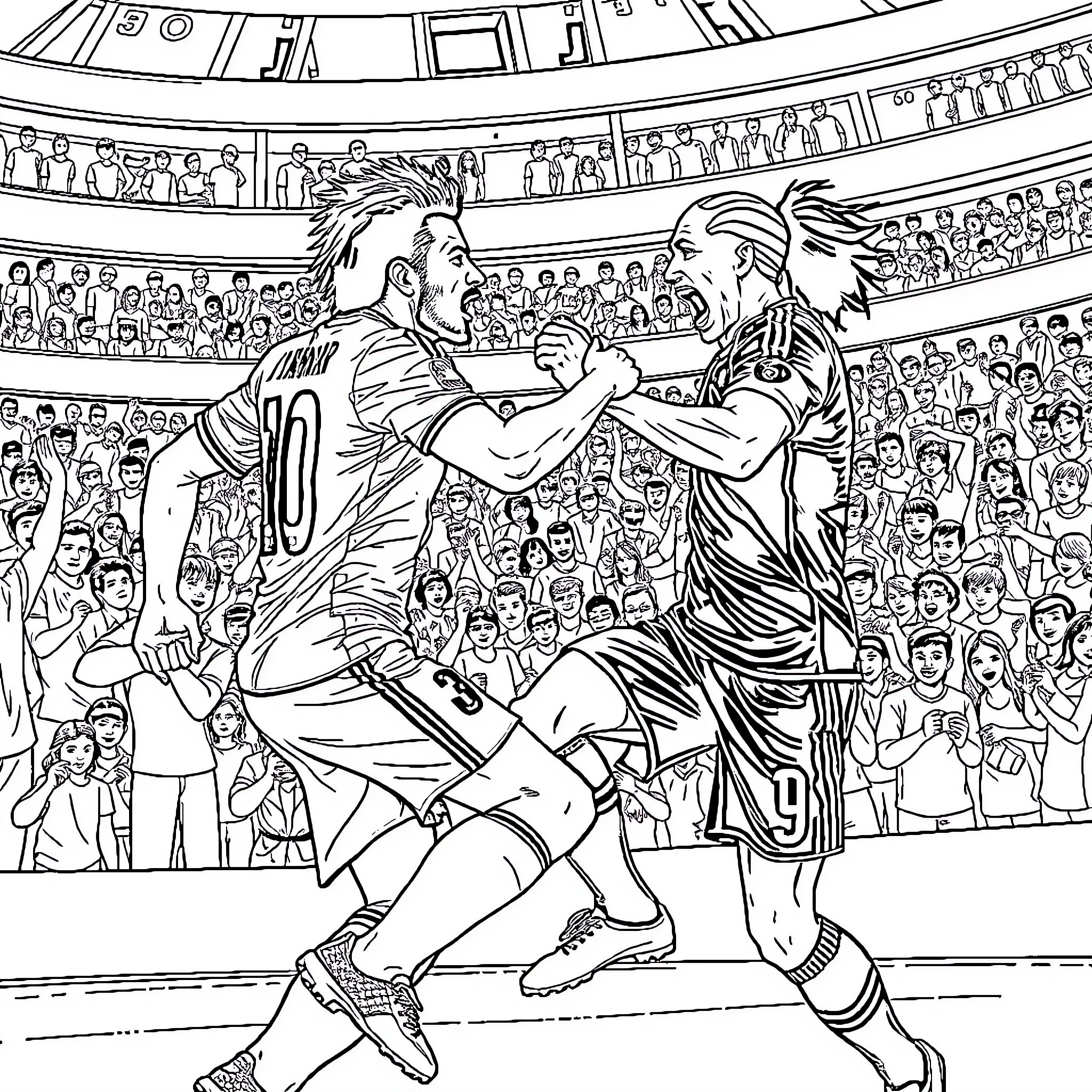 Naymar confronting opponent on soccer field Coloring Page (free black-and-white line drawing printable PDF for all, from beginners to advanced learners, including children, teens, adults, and seniors)