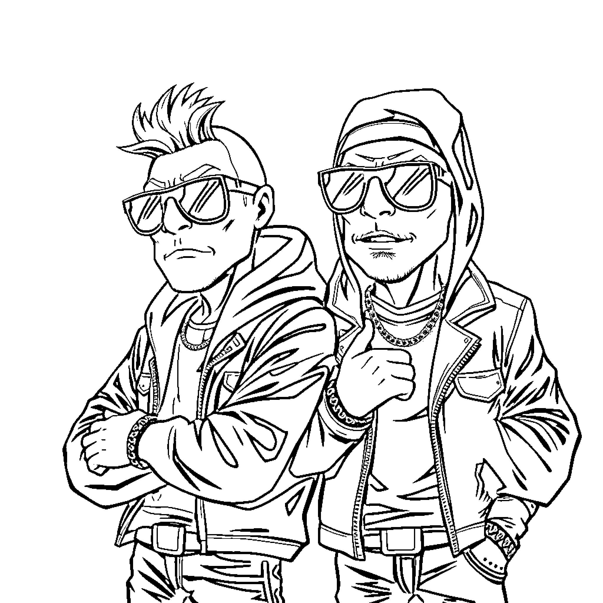 Bluey and friend dressed in cool outfits Coloring Page (free black-and-white line drawing printable PDF for all, from beginners to advanced learners, including children, teens, adults, and seniors)