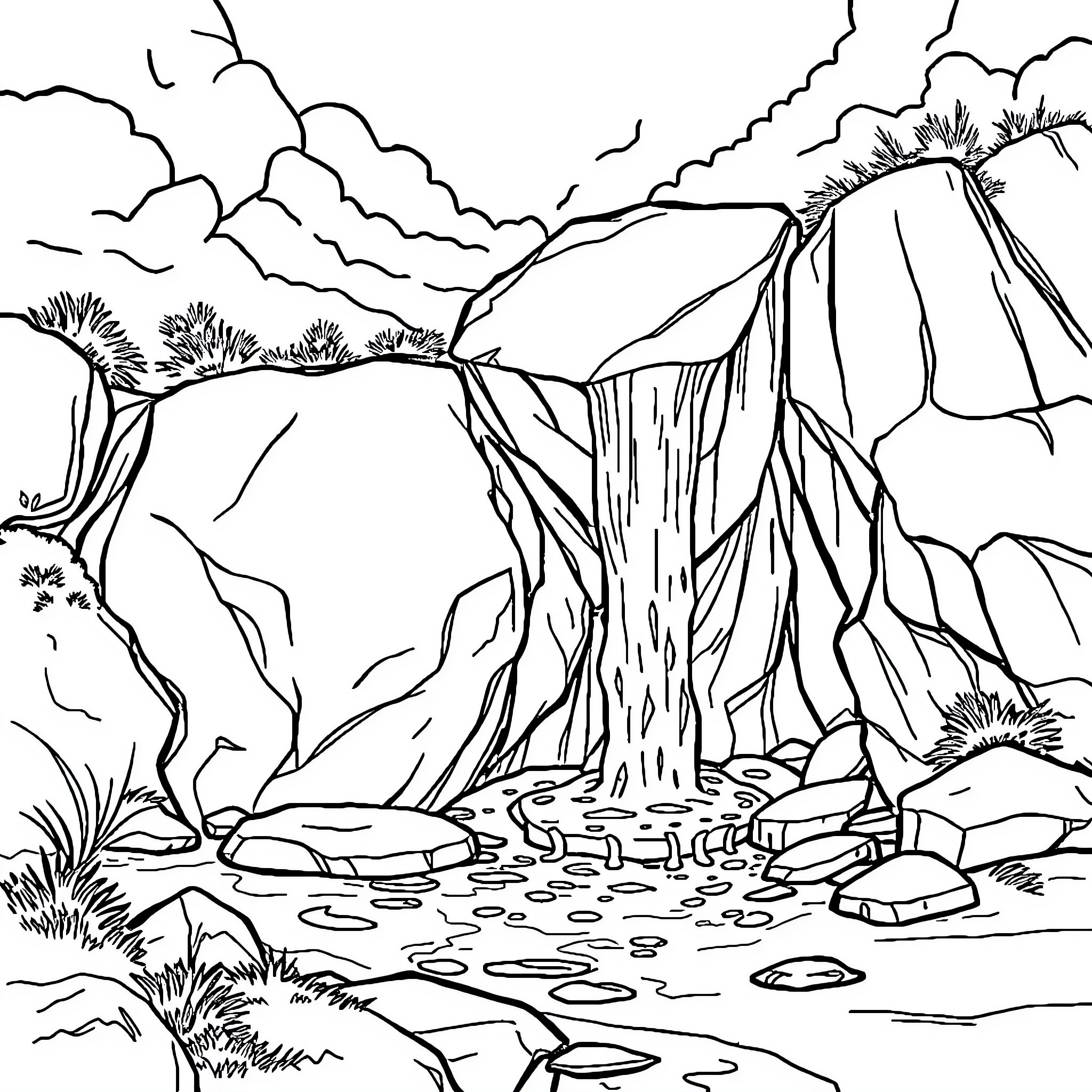 Water flowing through rocky landscape Coloring Page (free black-and-white line drawing printable PDF for all, from beginners to advanced learners, including children, teens, adults, and seniors)