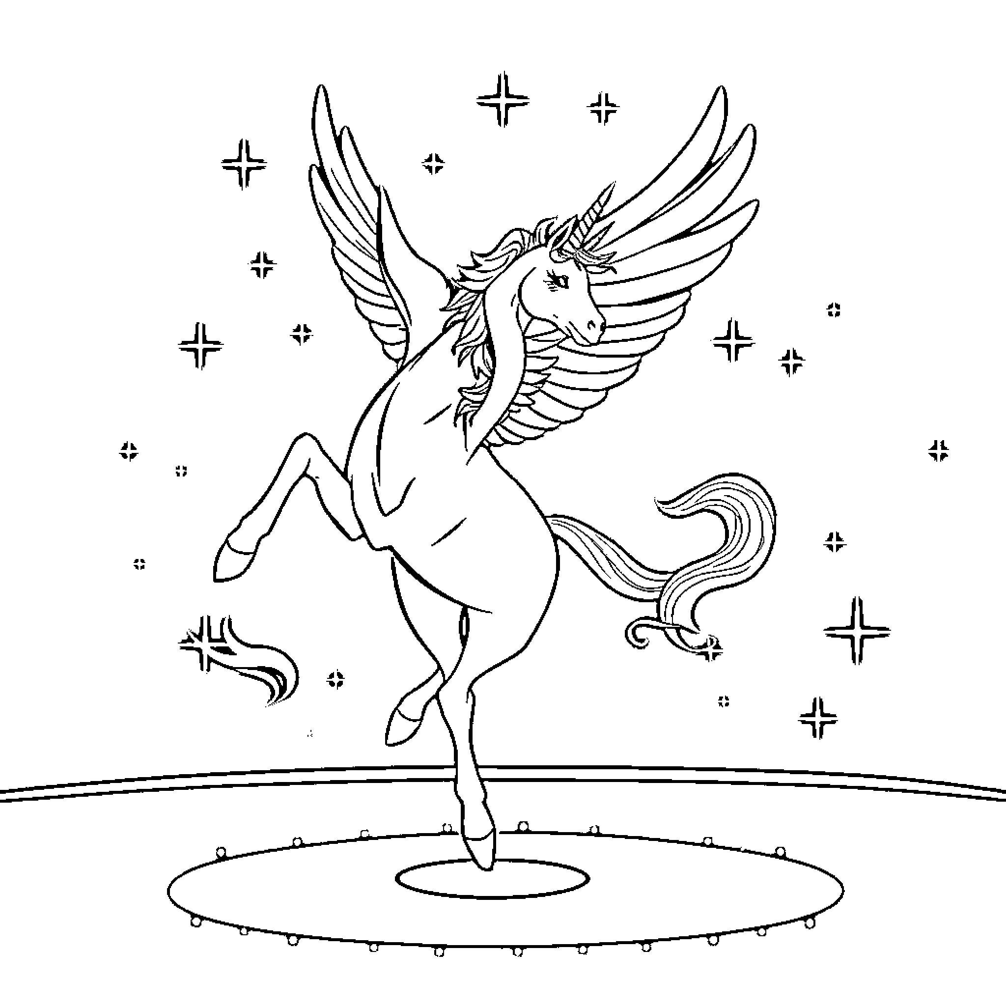Unicorn Soaring with Radiant Wings Coloring Page (free black-and-white line drawing printable PDF for all, from beginners to advanced learners, including children, teens, adults, and seniors)