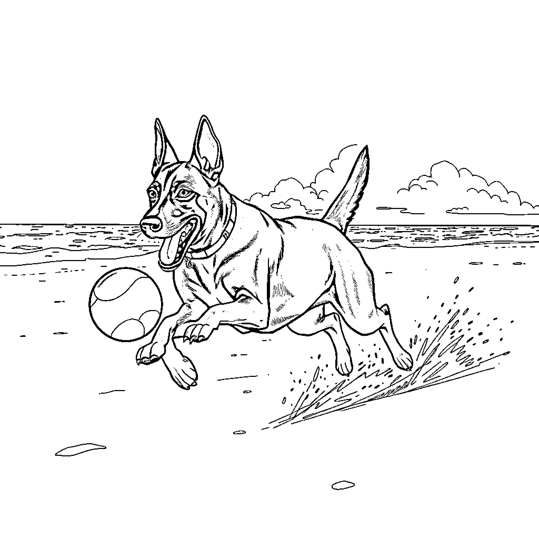 Malinois playing joyfully with ball on beach Coloring Page (free black-and-white line drawing printable PDF for all, from beginners to advanced learners, including children, teens, adults, and seniors)