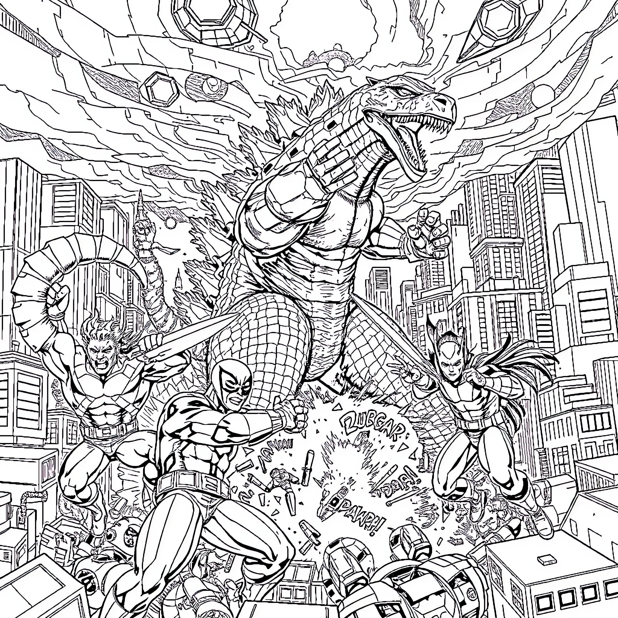 X-Men Heroes Facing Off Against Giant Mutant Creature Coloring Page (free black-and-white line drawing printable PDF for all, from beginners to advanced learners, including children, teens, adults, and seniors)