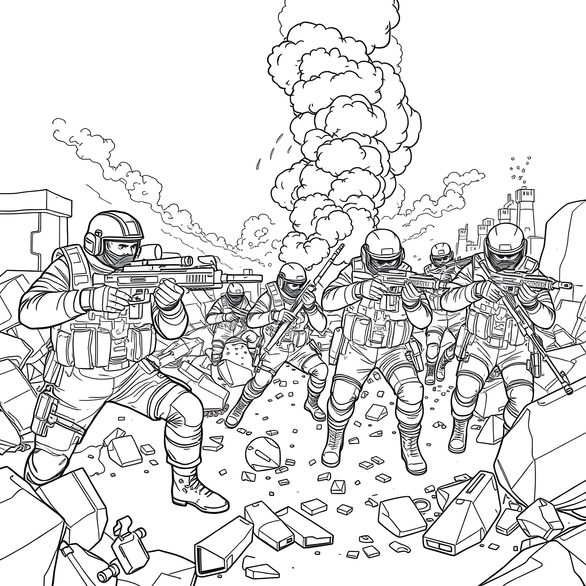 Call of Duty - Intense Military Combat with Smoke and Debris Coloring Page (free black-and-white line drawing printable PDF for all, from beginners to advanced learners, including children, teens, adults, and seniors)