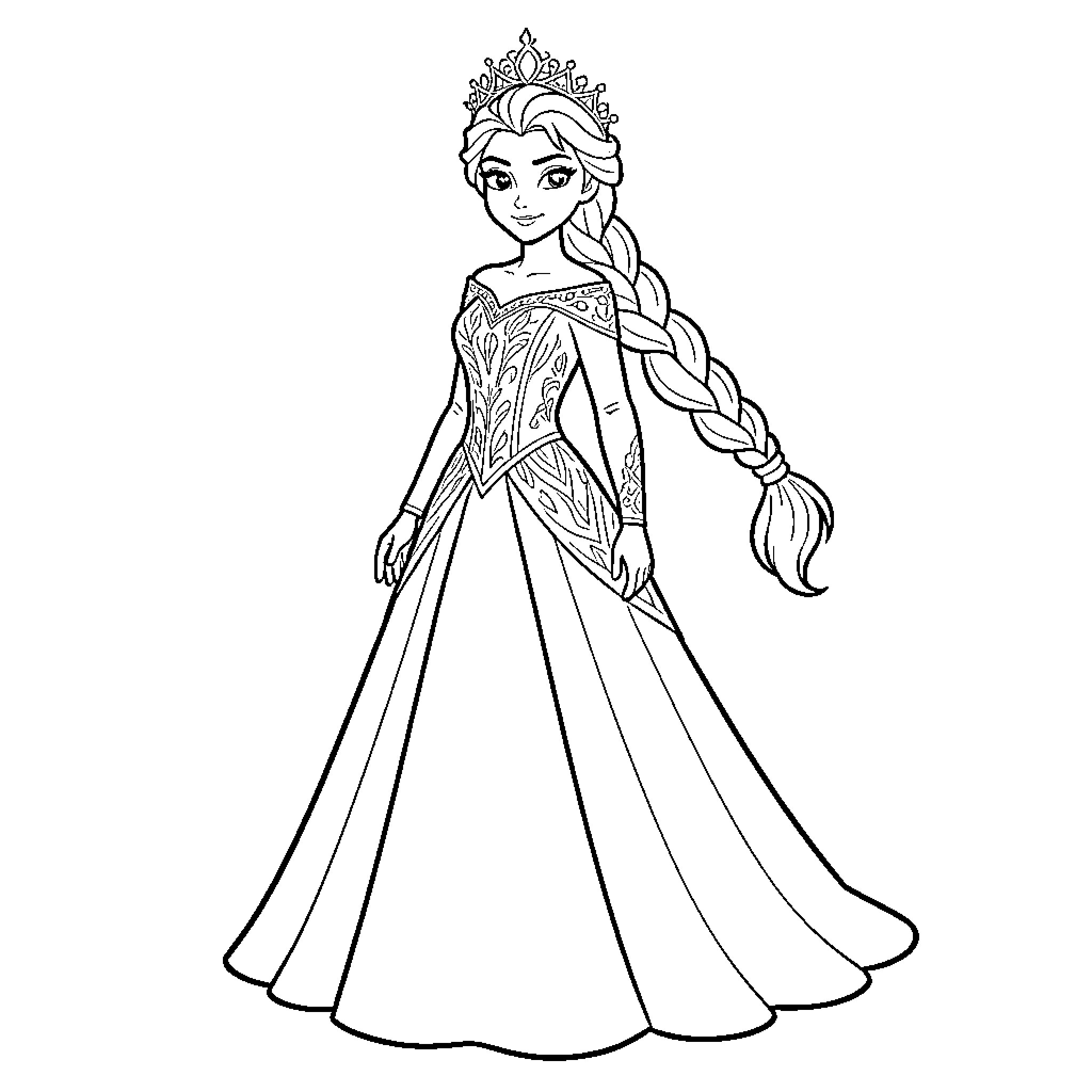 Princess in Elegant Gown with Ornate Crown Coloring Page (free black-and-white line drawing printable PDF for all, from beginners to advanced learners, including children, teens, adults, and seniors)