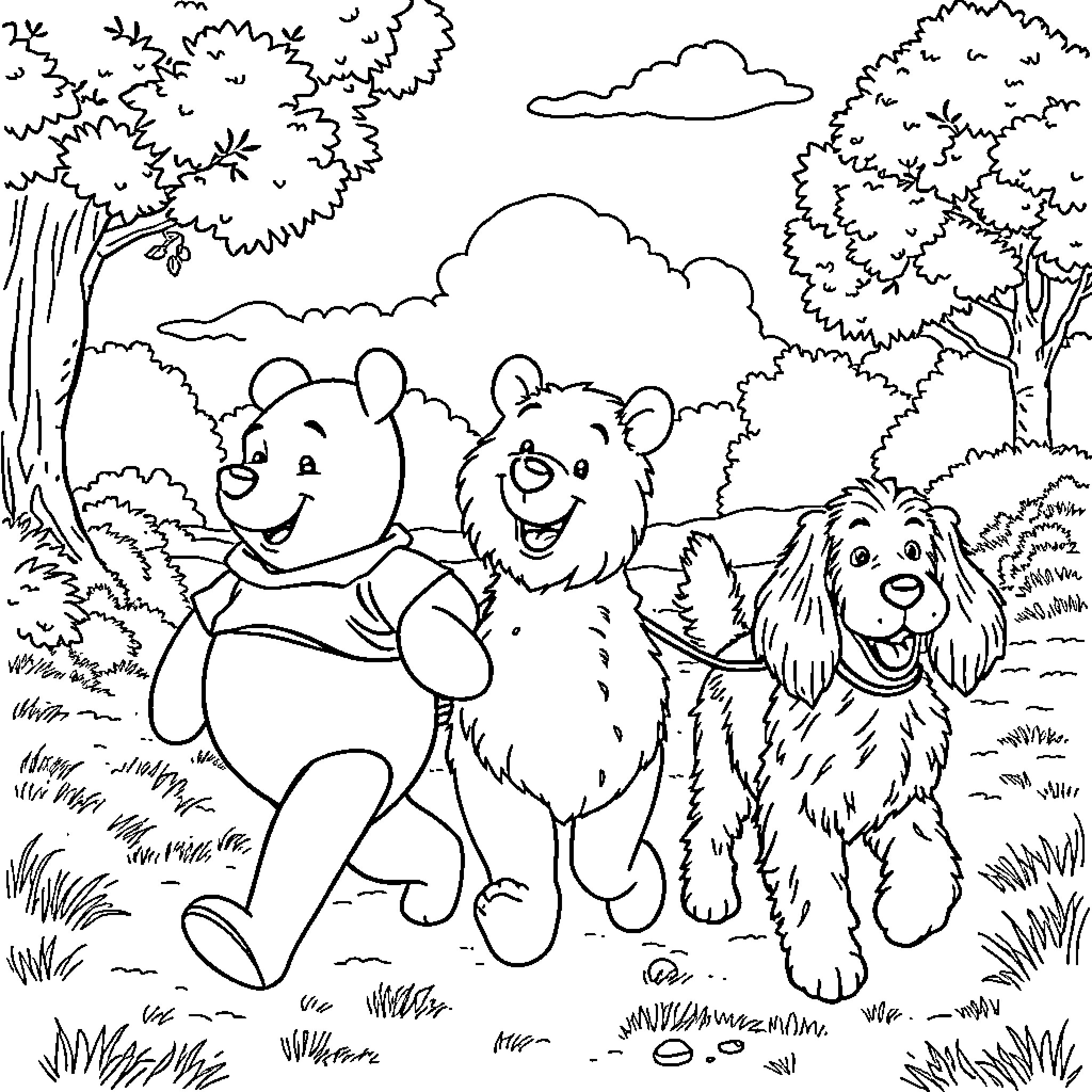 Winnie The Pooh and friends enjoying a day in the nature Coloring Page (free black-and-white line drawing printable PDF for all, from beginners to advanced learners, including children, teens, adults, and seniors)