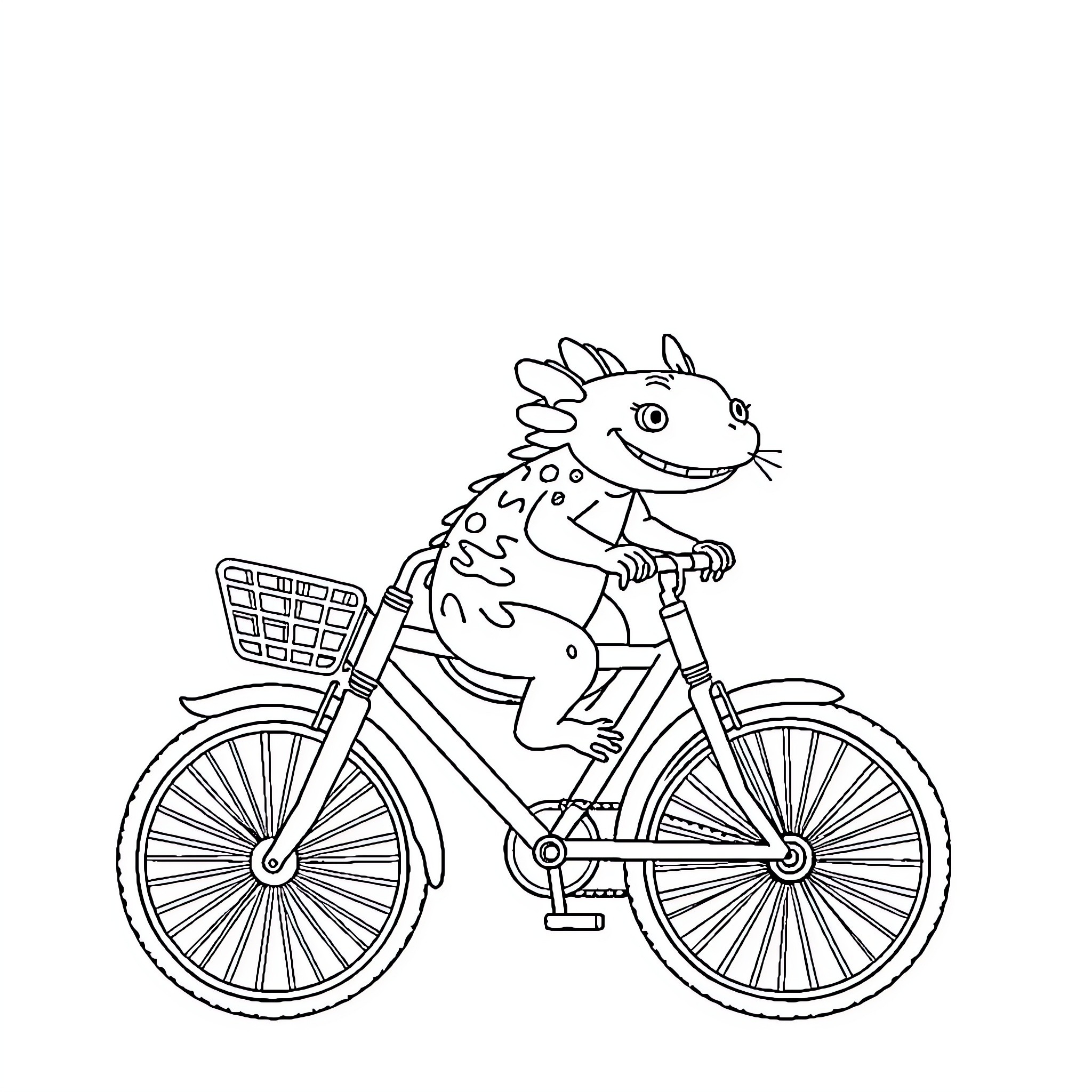 Axolotl riding a bicycle happily Coloring Page (free black-and-white line drawing printable PDF for all, from beginners to advanced learners, including children, teens, adults, and seniors)