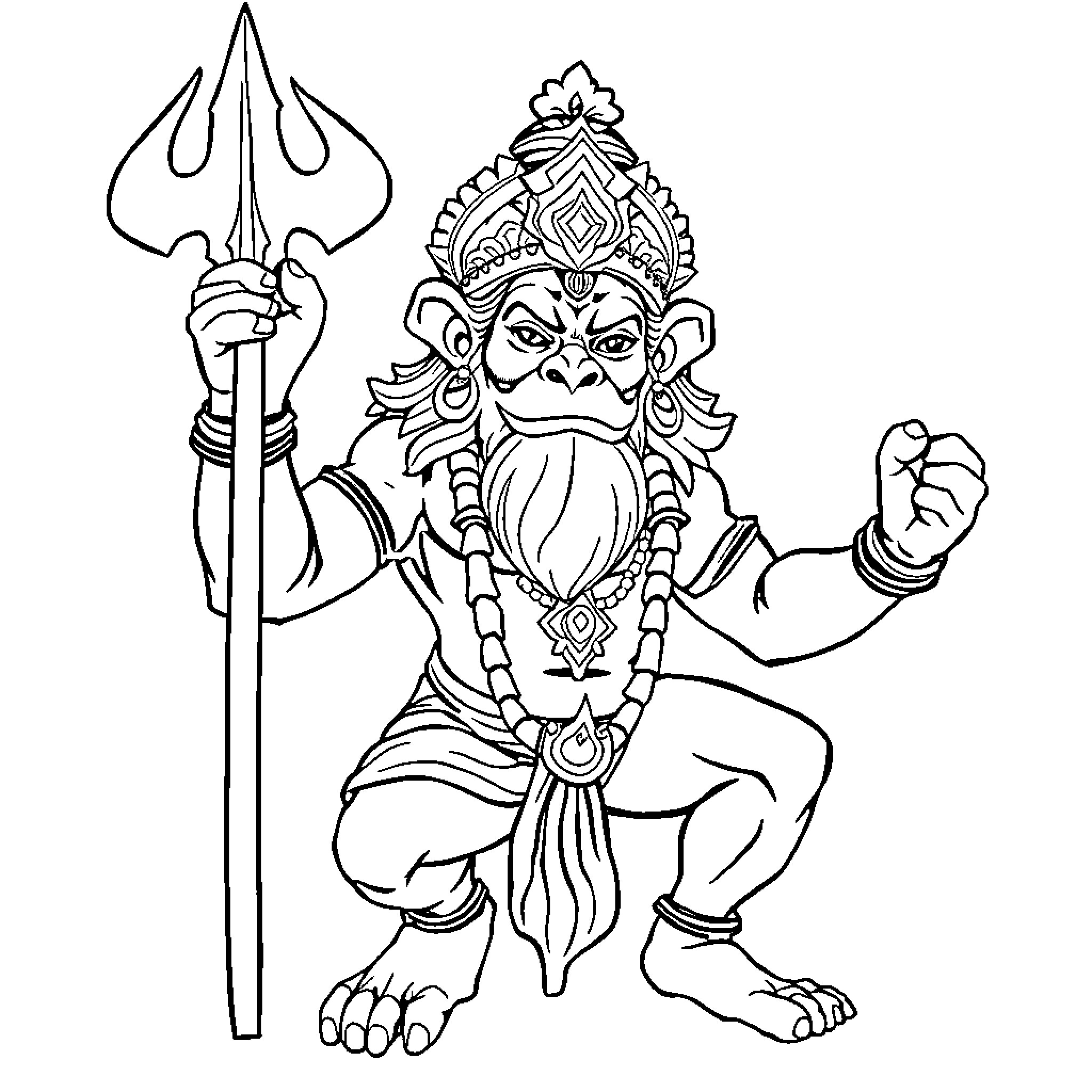 Hanuman wielding a trident in a fierce pose Coloring Page (free black-and-white line drawing printable PDF for all, from beginners to advanced learners, including children, teens, adults, and seniors)