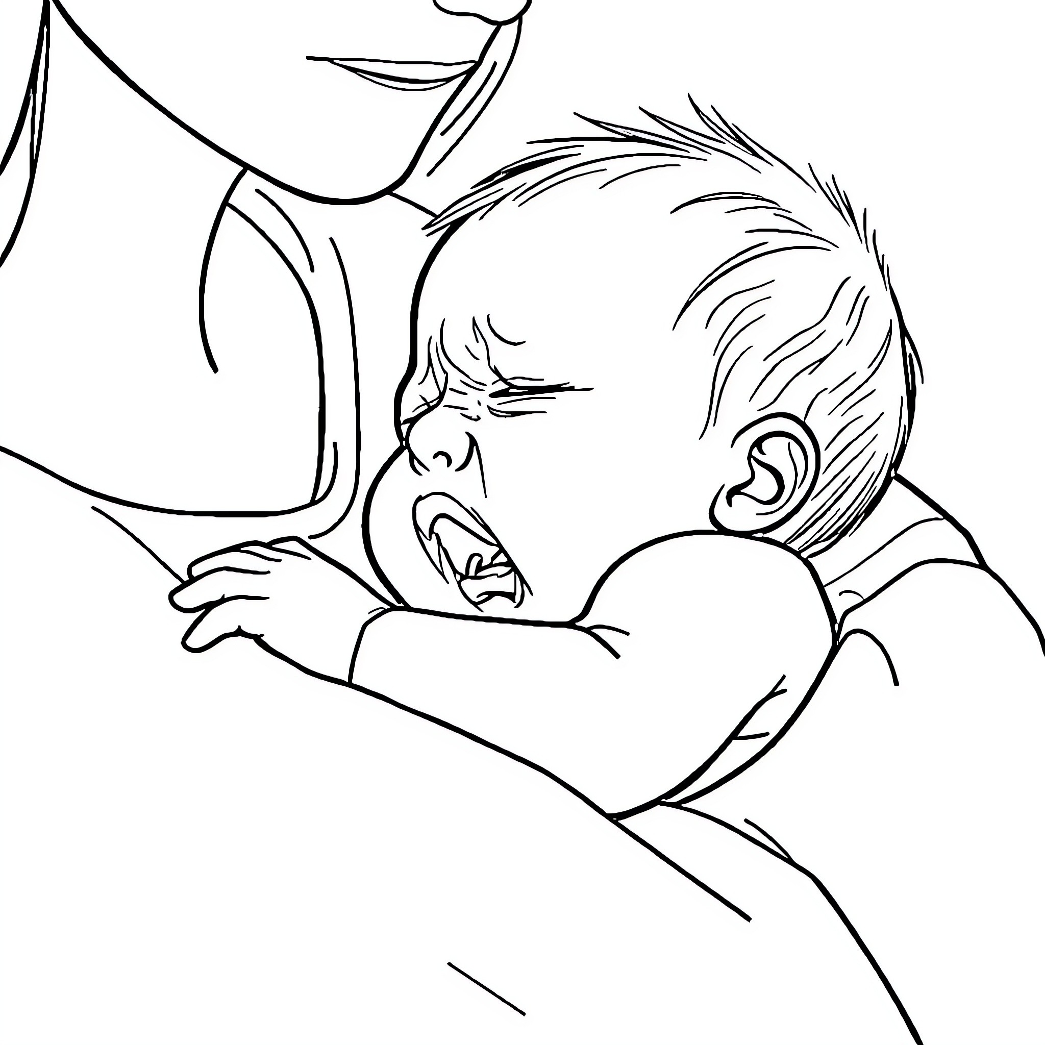 Baby sleeping peacefully in mother's arms Coloring Page (free black-and-white line drawing printable PDF for all, from beginners to advanced learners, including children, teens, adults, and seniors)