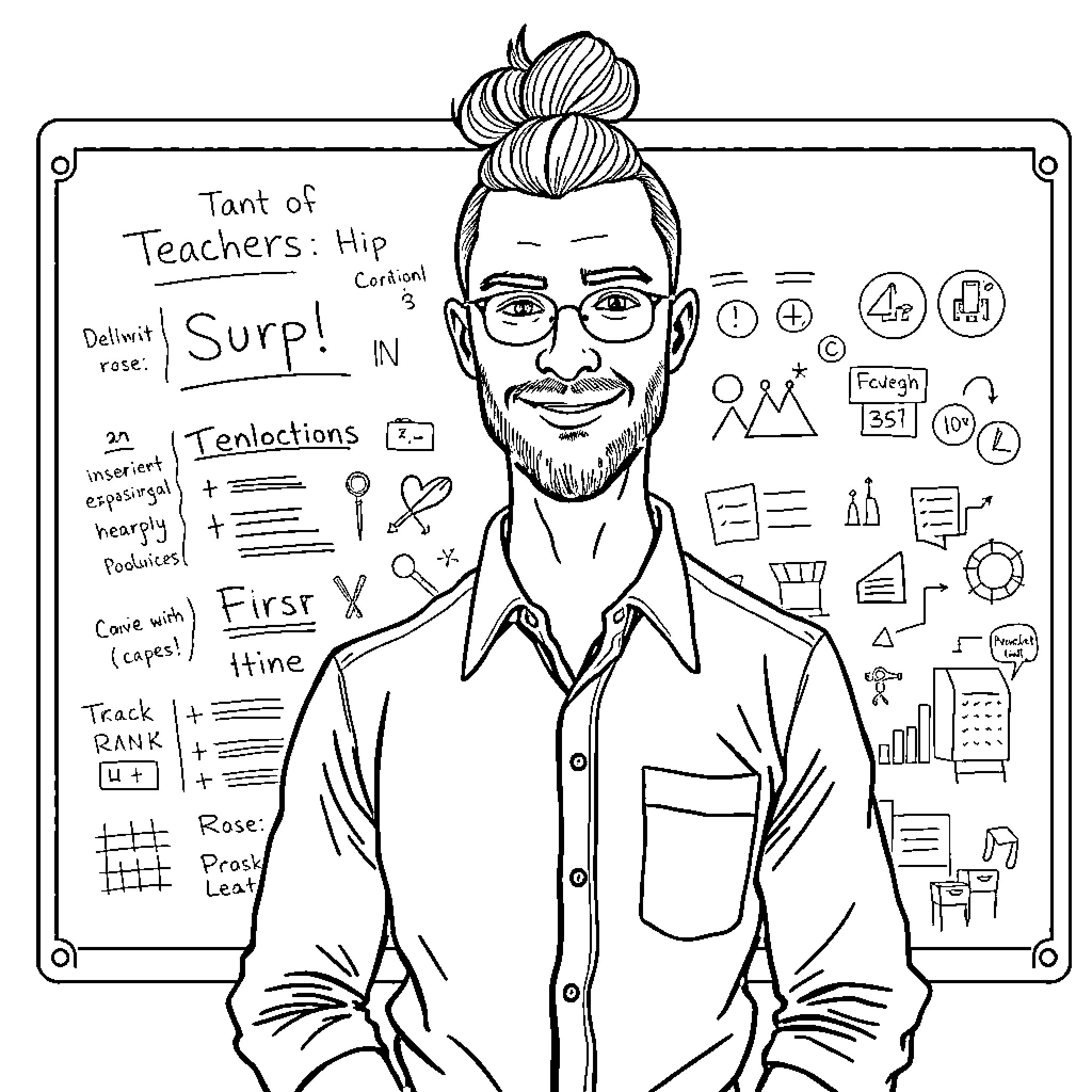 Teacher discussing education concepts on whiteboard Coloring Page (free black-and-white line drawing printable PDF for all, from beginners to advanced learners, including children, teens, adults, and seniors)