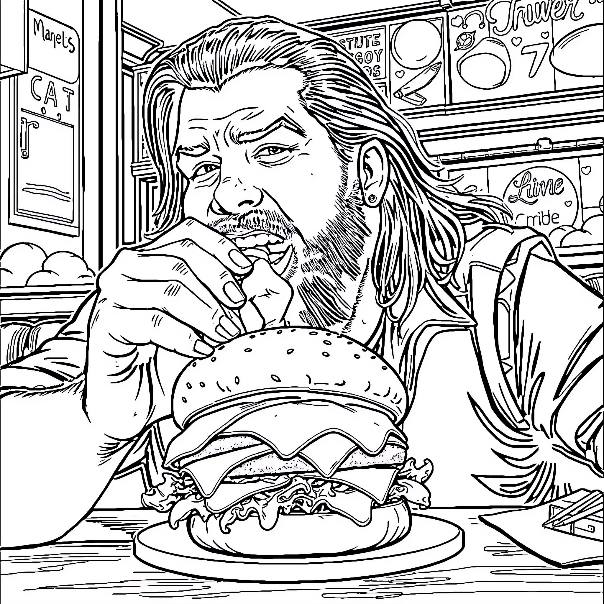 Glen Danzig enjoying a delicious hamburger in front of a vintage diner Coloring Page (free black-and-white line drawing printable PDF for all, from beginners to advanced learners, including children, teens, adults, and seniors)