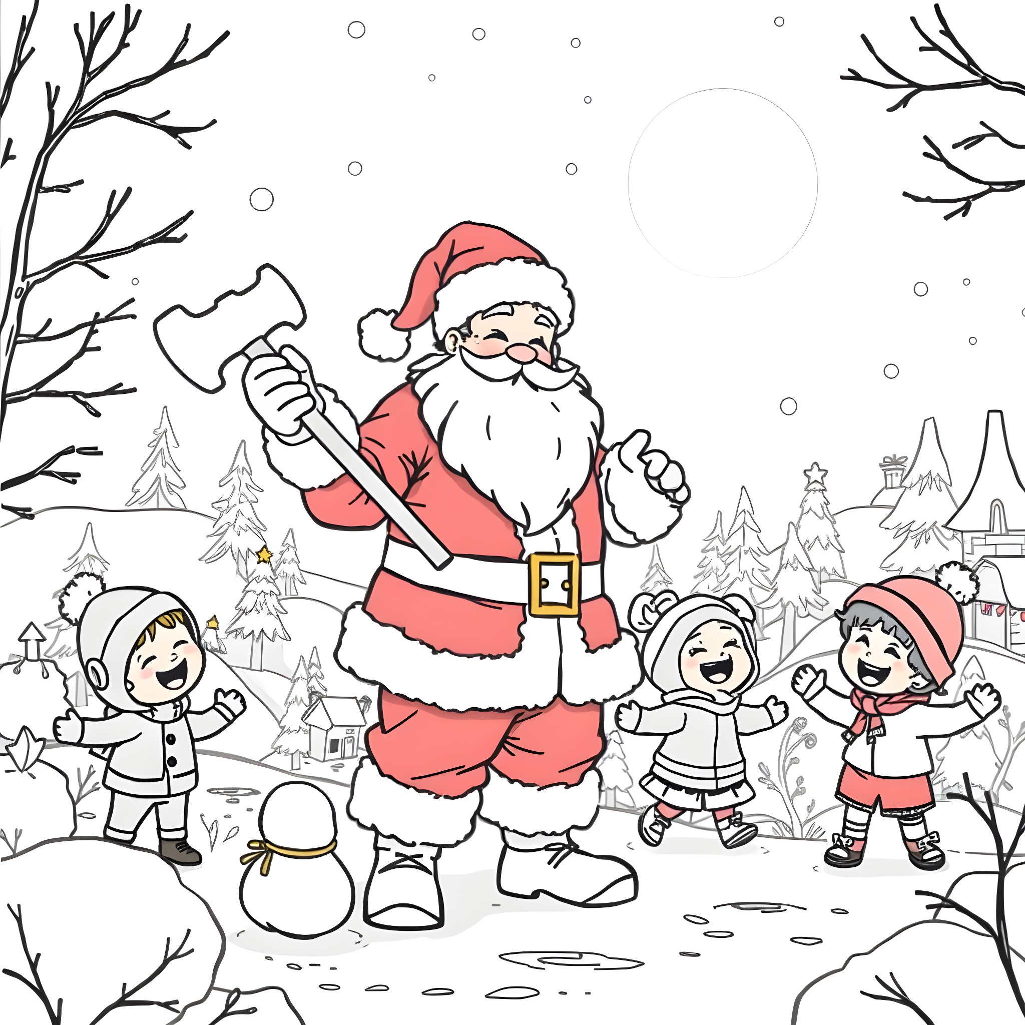 Santa Claus playing with children in the snowy countryside Coloring Page (free black-and-white line drawing printable PDF for all, from beginners to advanced learners, including children, teens, adults, and seniors)