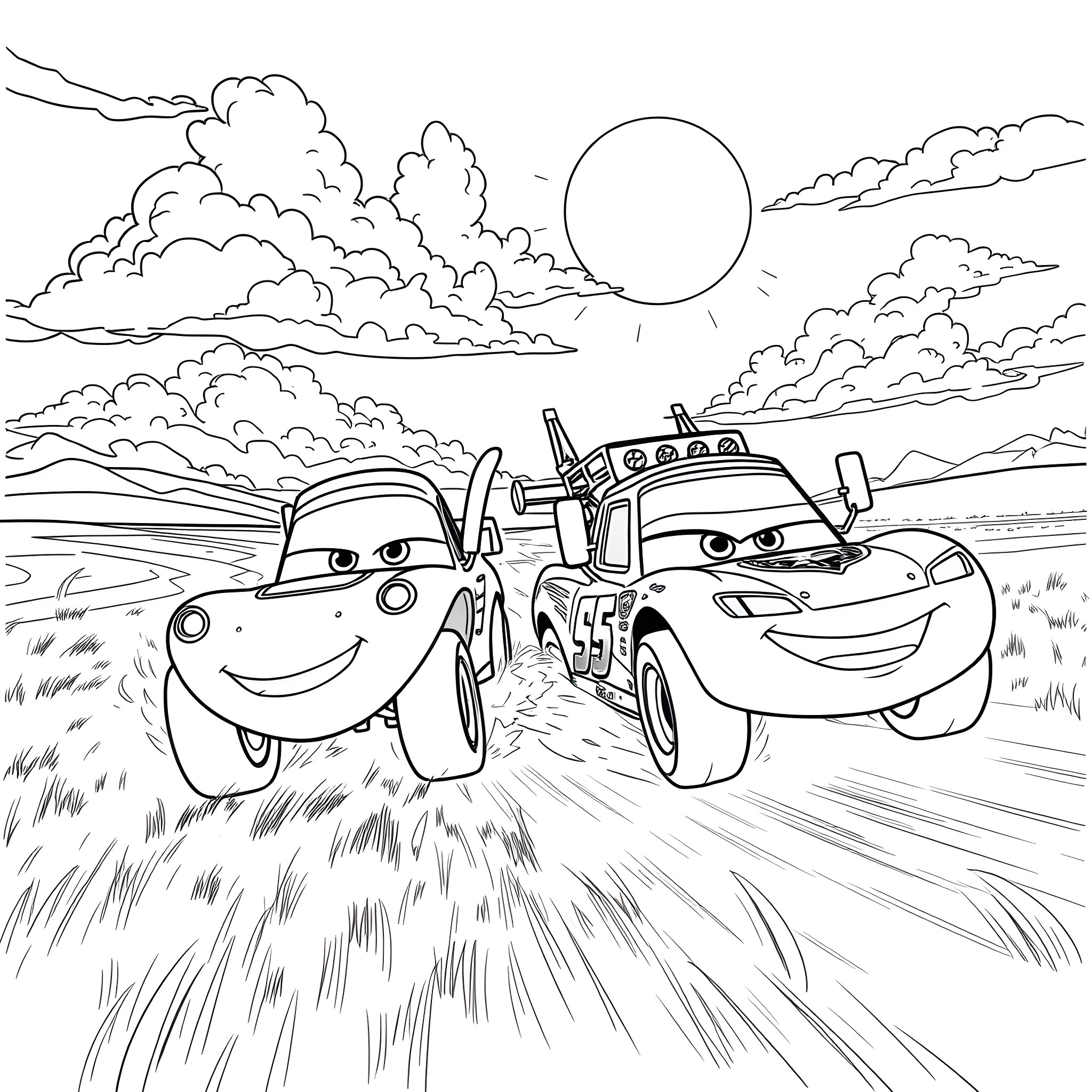 Crophopper cars racing through the countryside Coloring Page (free black-and-white line drawing printable PDF for all, from beginners to advanced learners, including children, teens, adults, and seniors)