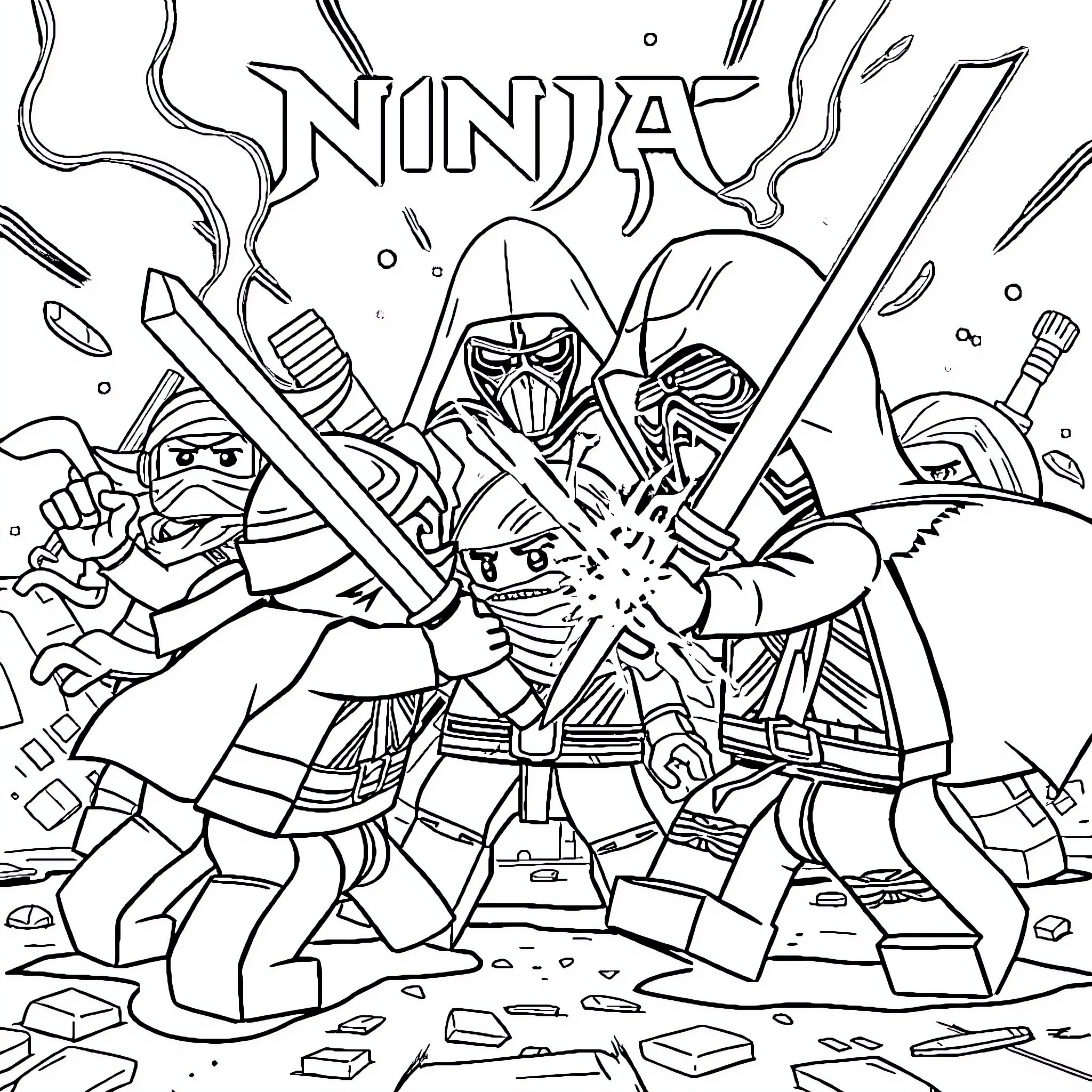 Ninjago Warriors Engaged in Intense Battle Coloring Page (free black-and-white line drawing printable PDF for all, from beginners to advanced learners, including children, teens, adults, and seniors)