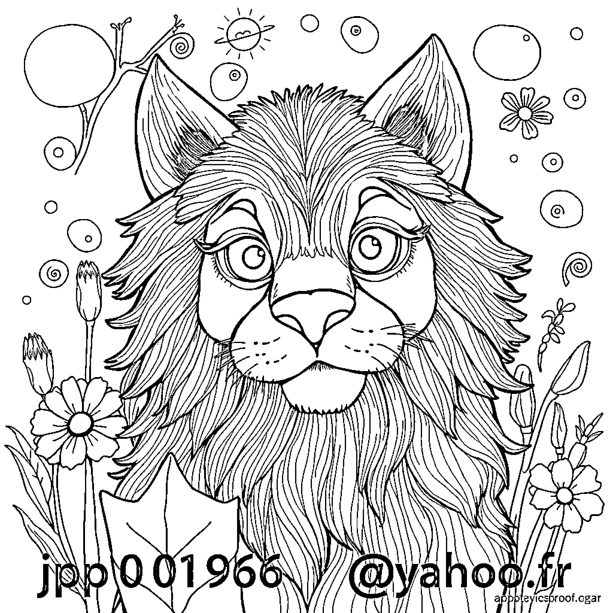 Email with Playful Feline and Whimsical Flowers Coloring Page (free black-and-white line drawing printable PDF for all, from beginners to advanced learners, including children, teens, adults, and seniors)