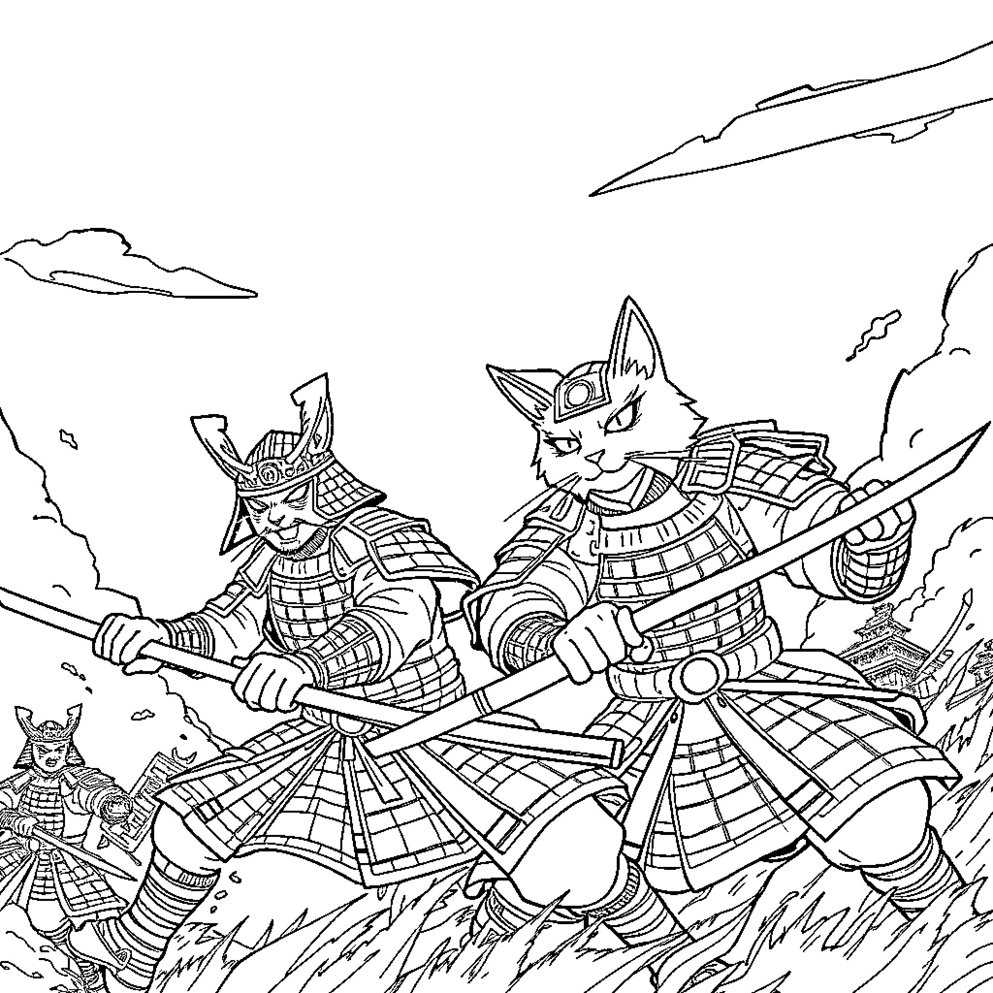 Samurai Cats Engaged in Fierce Battle Coloring Page (free black-and-white line drawing printable PDF for all, from beginners to advanced learners, including children, teens, adults, and seniors)