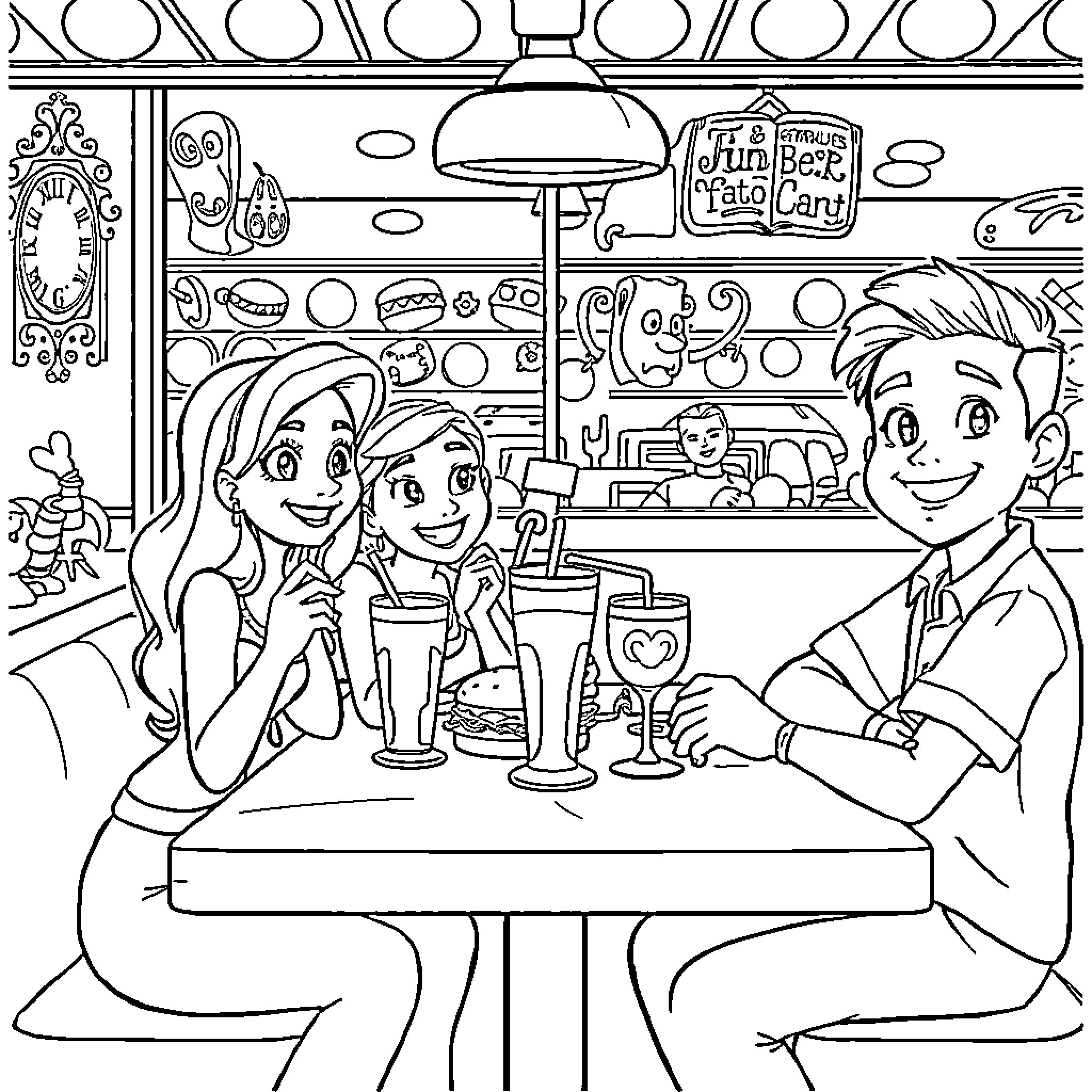 Descendants Enjoying Drinks and Snacks at the Retro Cafe Coloring Page (free black-and-white line drawing printable PDF for all, from beginners to advanced learners, including children, teens, adults, and seniors)