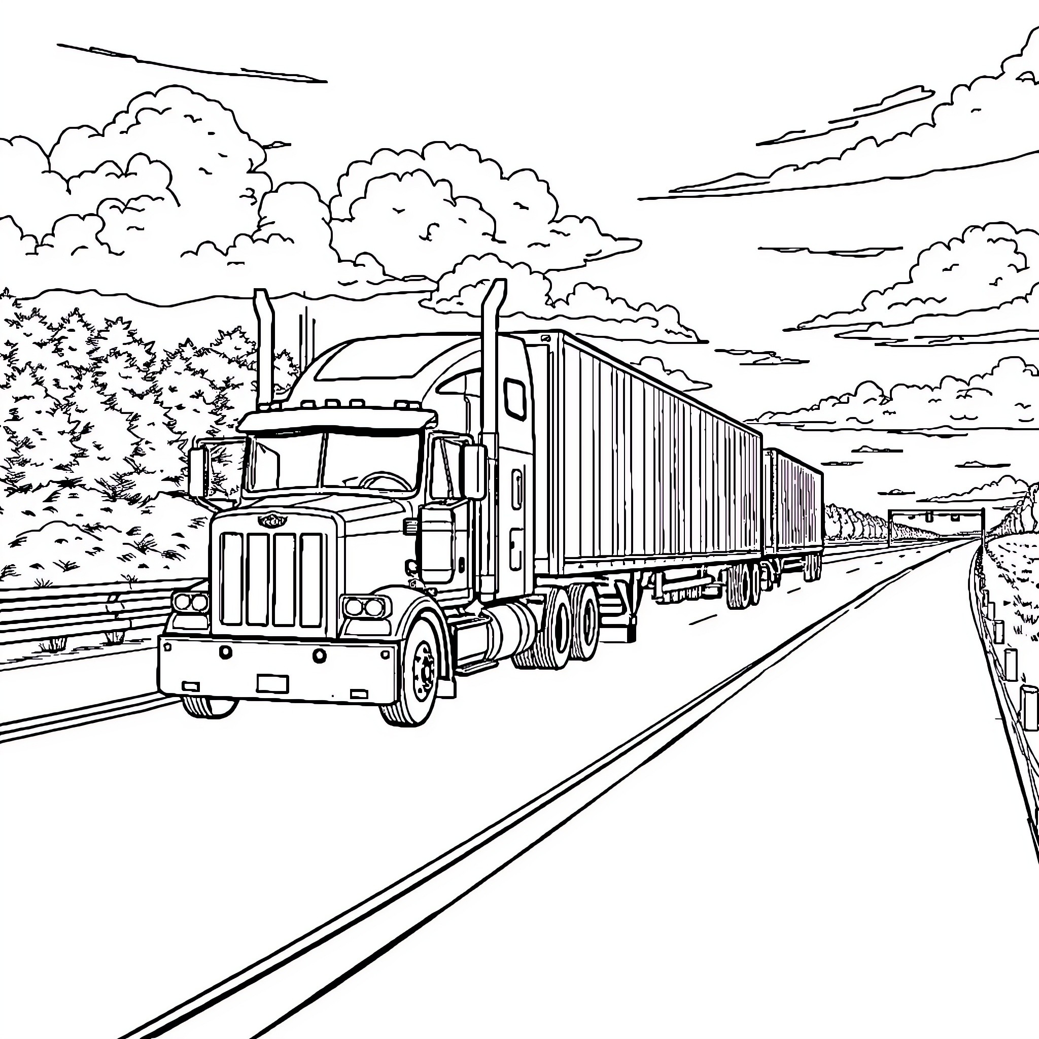 Truck hauling cargo on open highway Coloring Page (free black-and-white line drawing printable PDF for all, from beginners to advanced learners, including children, teens, adults, and seniors)