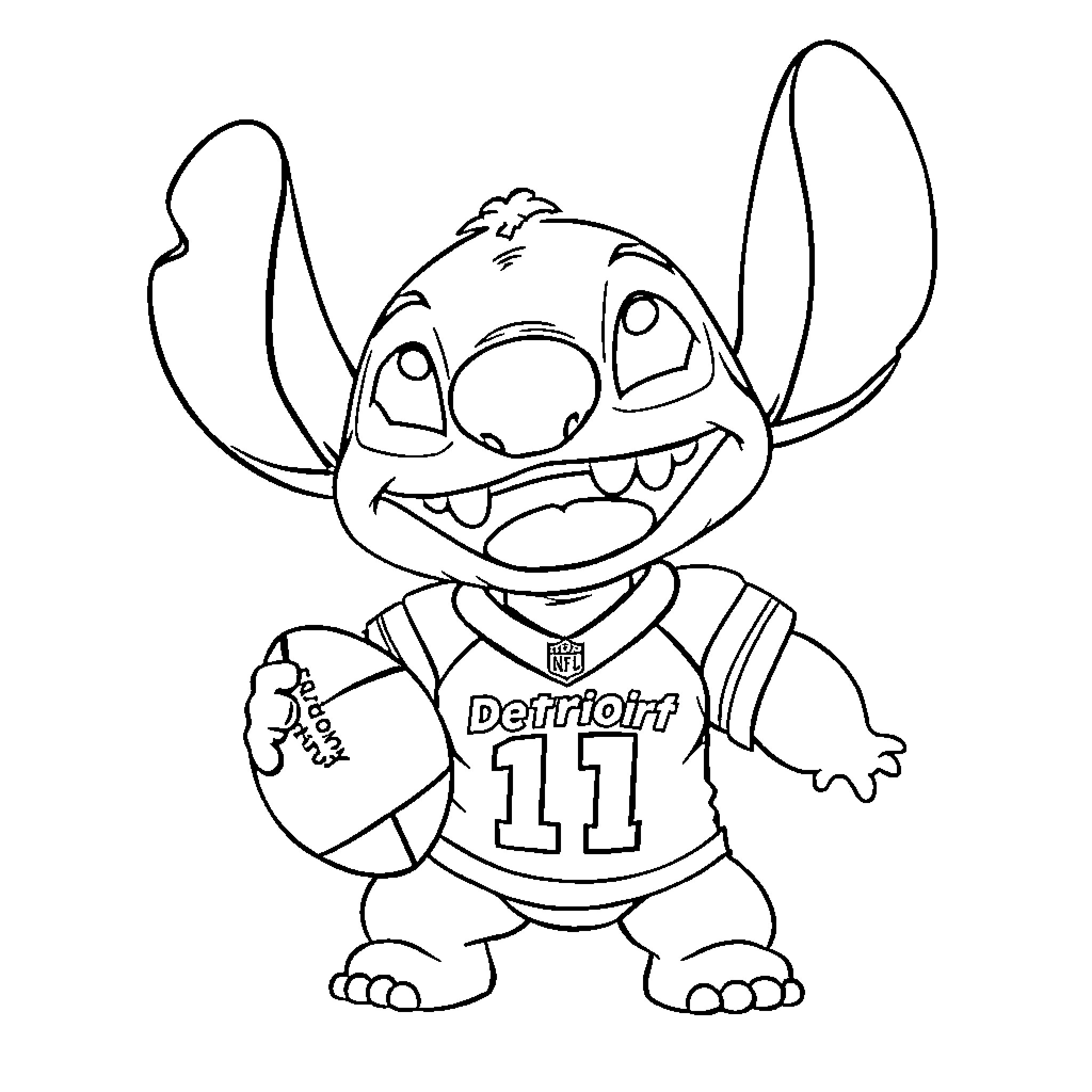 Stitch playing with a basketball in a jersey Coloring Page (free black-and-white line drawing printable PDF for all, from beginners to advanced learners, including children, teens, adults, and seniors)