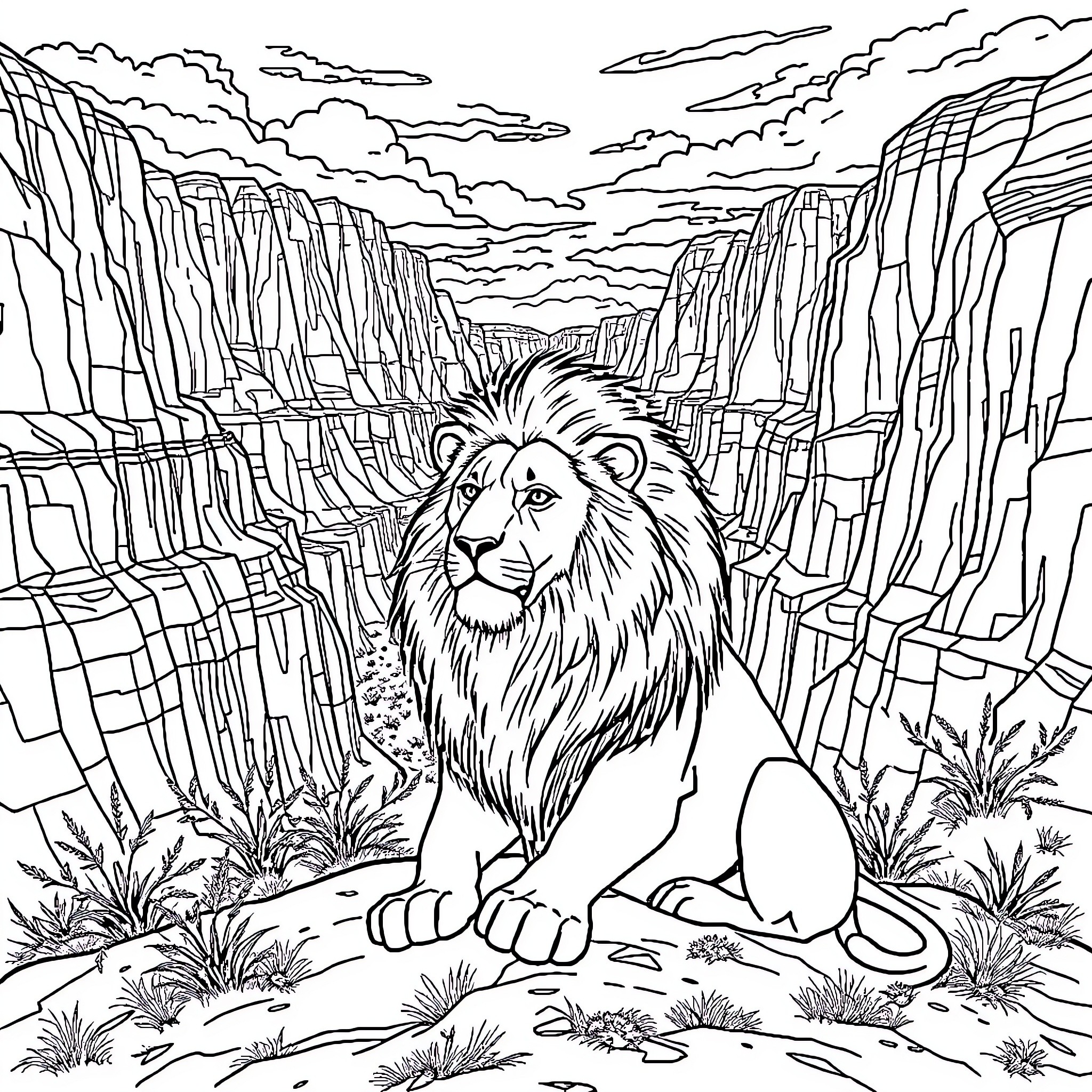 Lion in a majestic canyon landscape Coloring Page (free black-and-white line drawing printable PDF for all, from beginners to advanced learners, including children, teens, adults, and seniors)