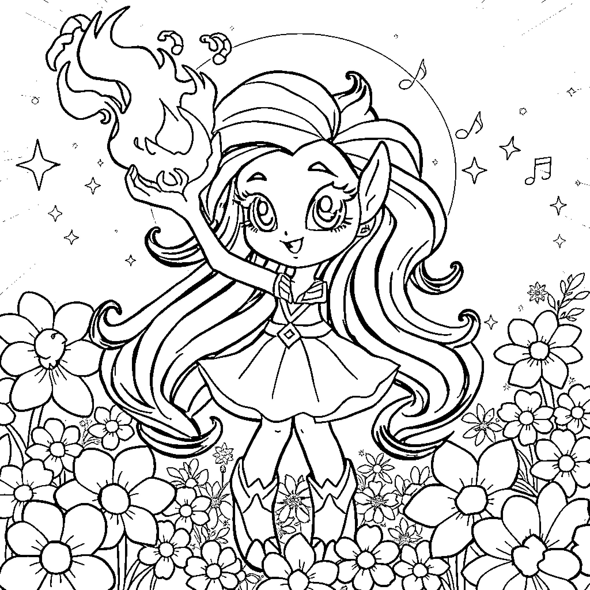 Fairy in Floral Garden Filled with Whimsy Coloring Page (free black-and-white line drawing printable PDF for all, from beginners to advanced learners, including children, teens, adults, and seniors)