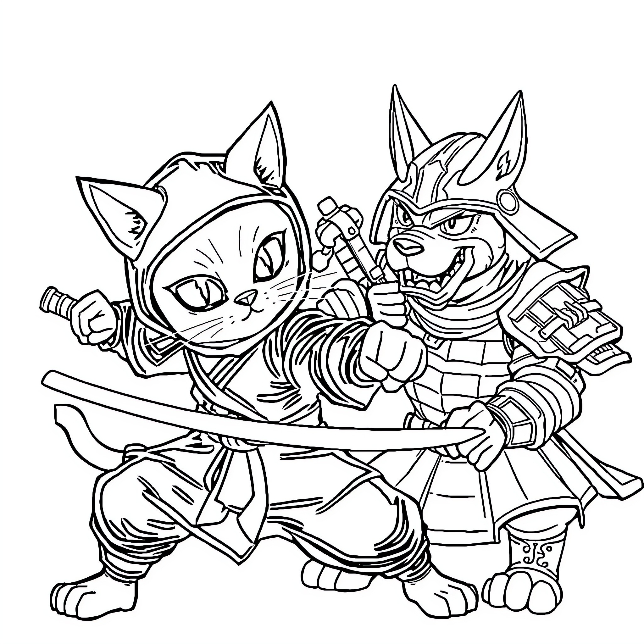 Ninja Cat engaging in an epic battle Coloring Page (free black-and-white line drawing printable PDF for all, from beginners to advanced learners, including children, teens, adults, and seniors)