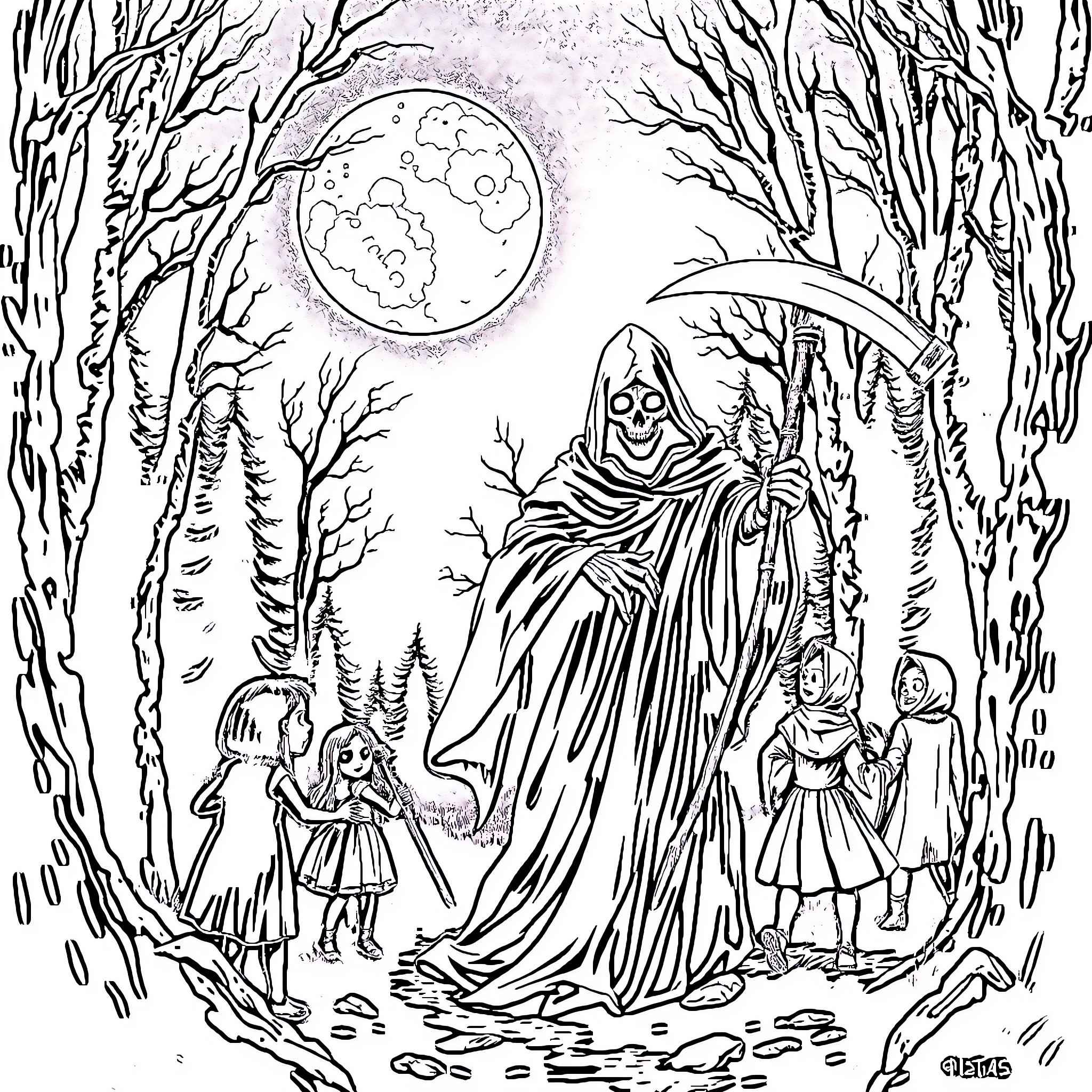 Grim Reaper Guides Children Through the Haunted Forest Coloring Page (free black-and-white line drawing printable PDF for all, from beginners to advanced learners, including children, teens, adults, and seniors)