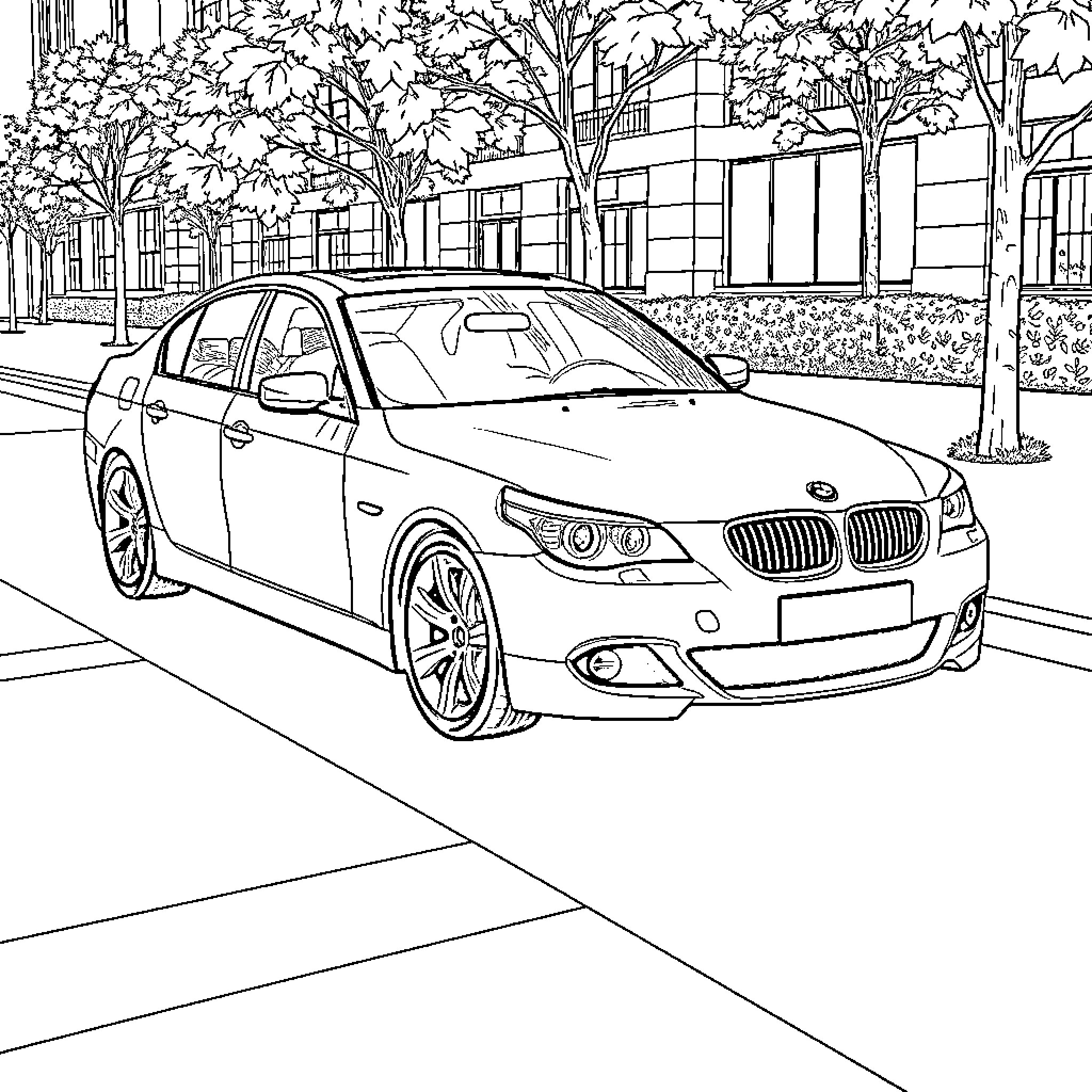 BMW sedan driving on city street Coloring Page (free black-and-white line drawing printable PDF for all, from beginners to advanced learners, including children, teens, adults, and seniors)