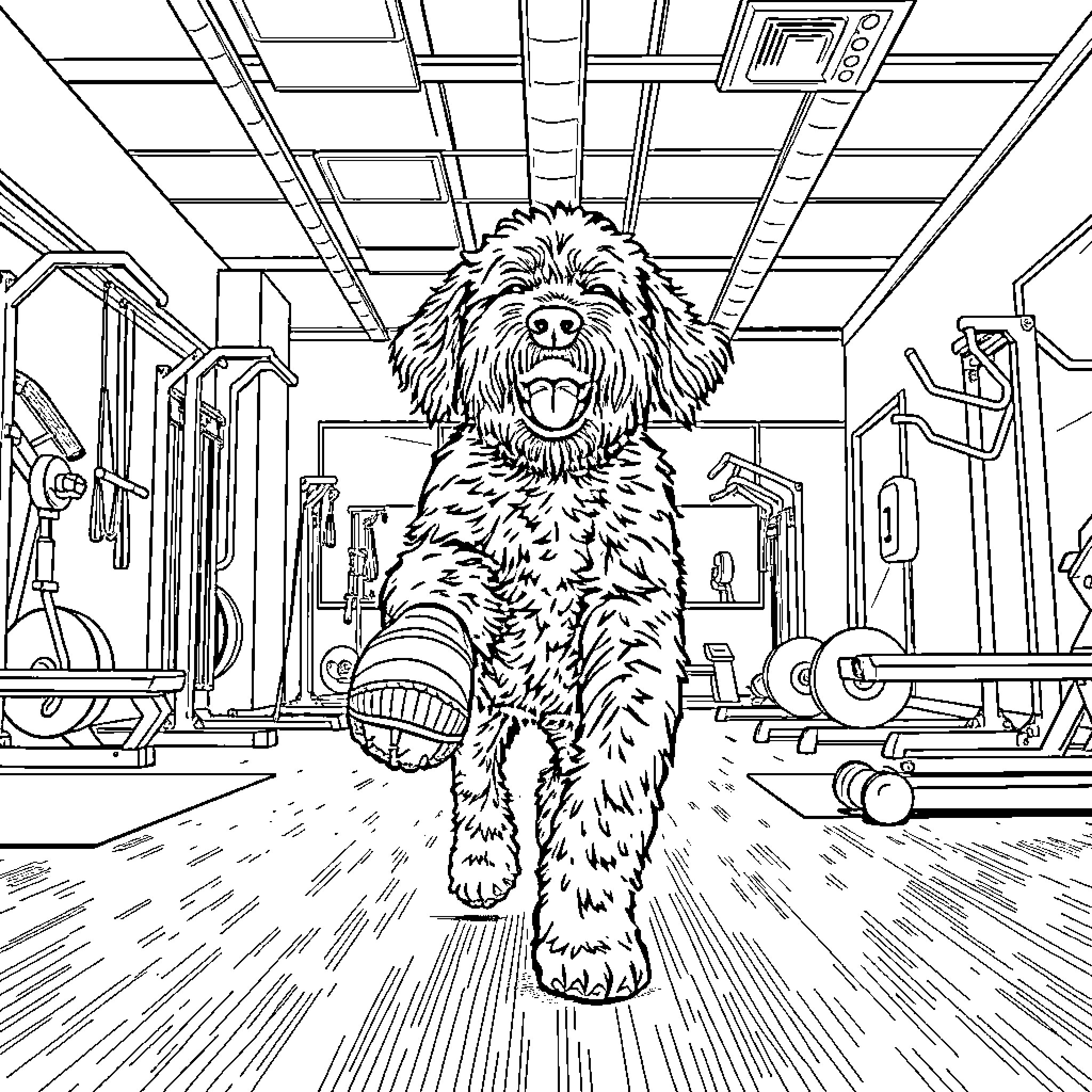 Labradoodle playing in the gym Coloring Page (free black-and-white line drawing printable PDF for all, from beginners to advanced learners, including children, teens, adults, and seniors)