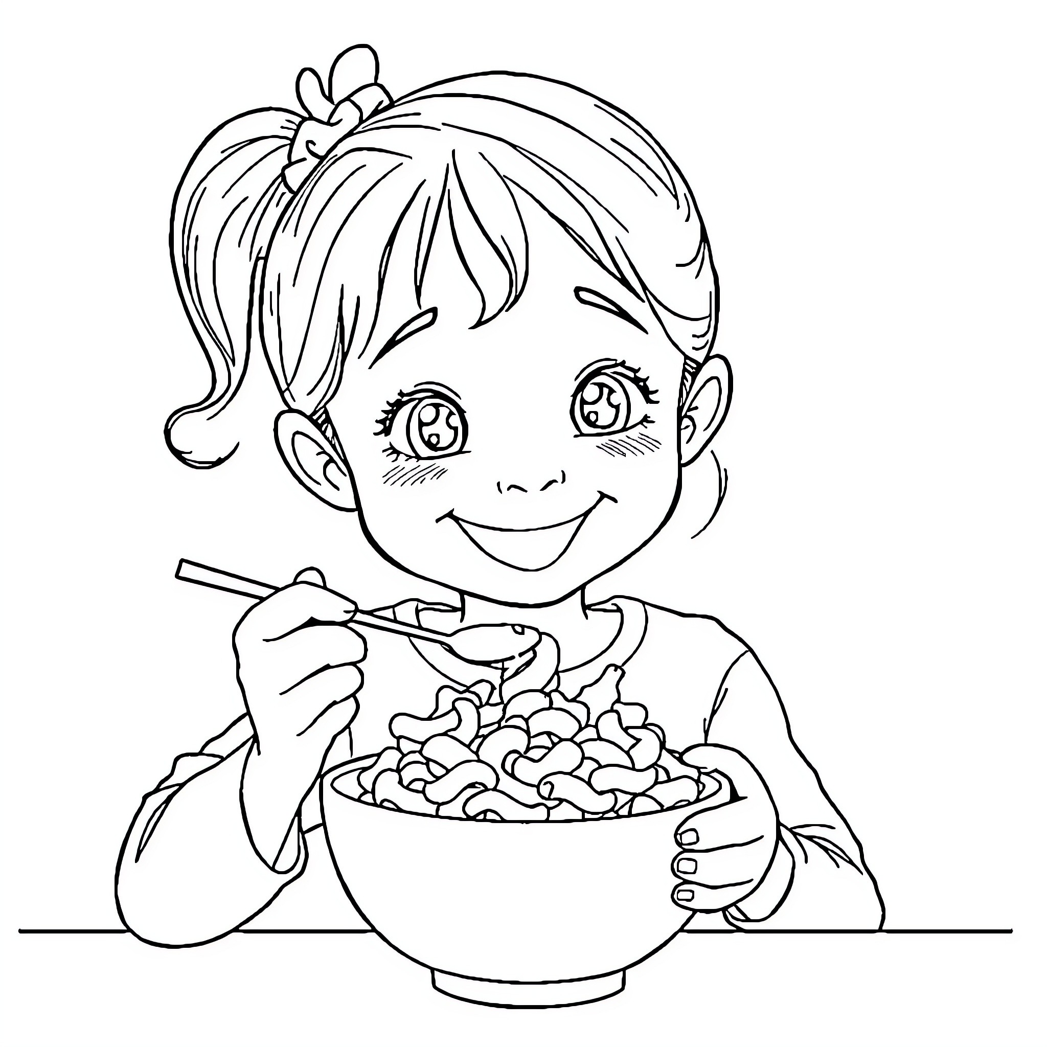Girl happily eating cereal from a bowl Coloring Page (free black-and-white line drawing printable PDF for all, from beginners to advanced learners, including children, teens, adults, and seniors)