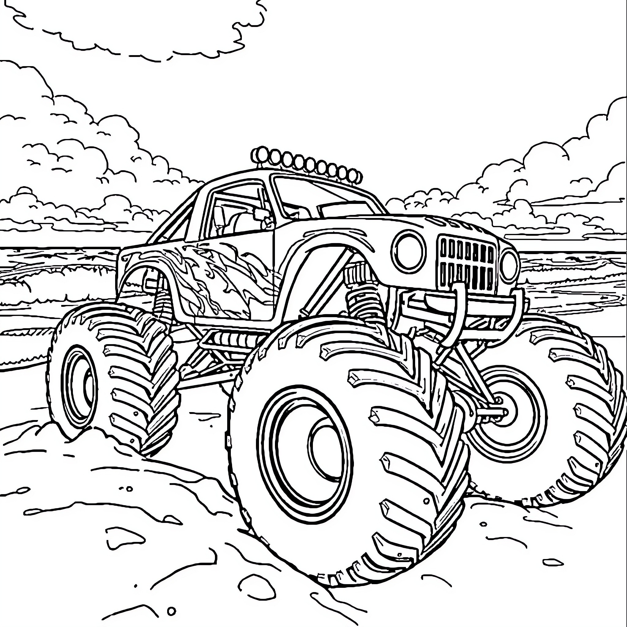 Monster Truck driving through rough terrain Coloring Page (free black-and-white line drawing printable PDF for all, from beginners to advanced learners, including children, teens, adults, and seniors)