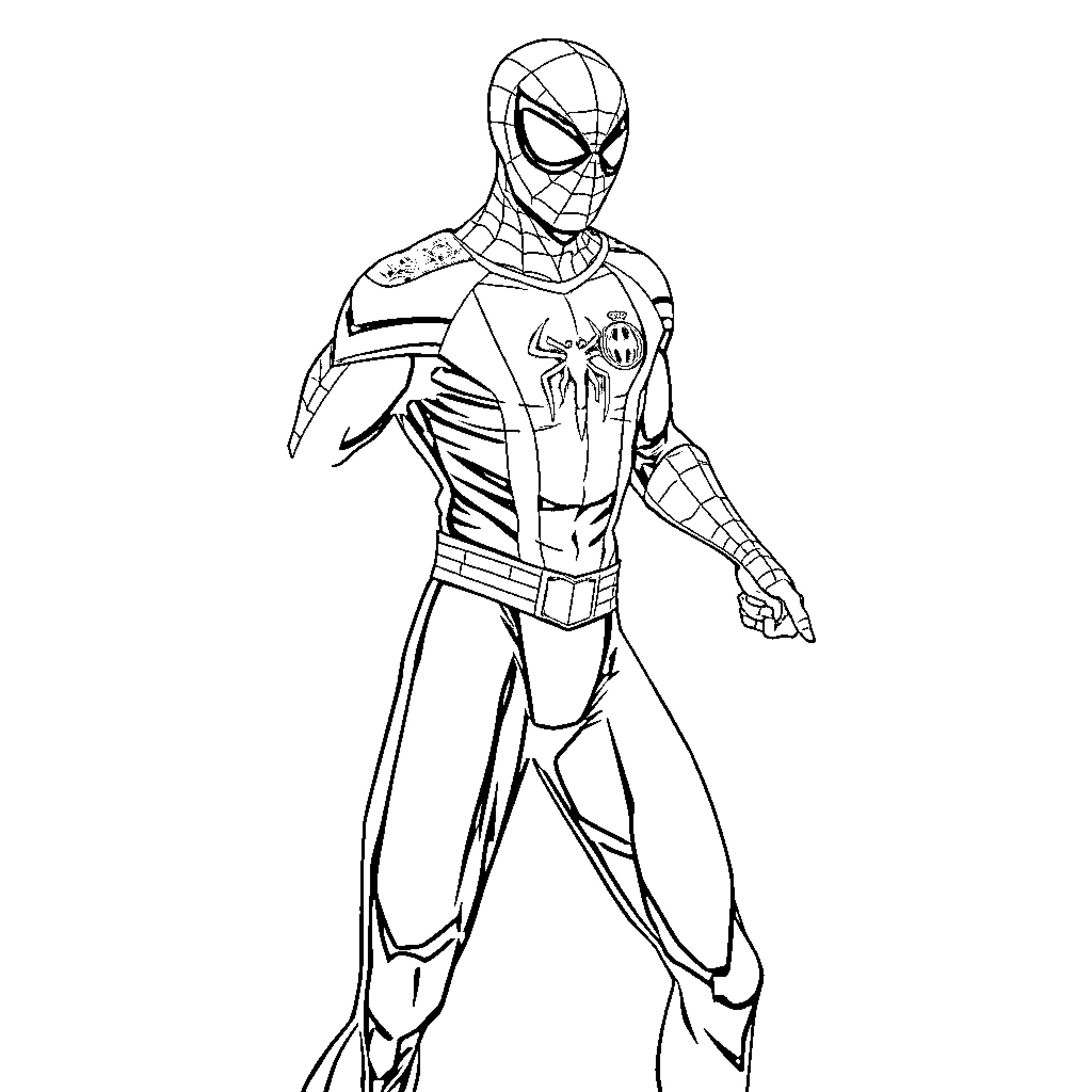 Spiderman in Action Pose Coloring Page (free black-and-white line drawing printable PDF for all, from beginners to advanced learners, including children, teens, adults, and seniors)