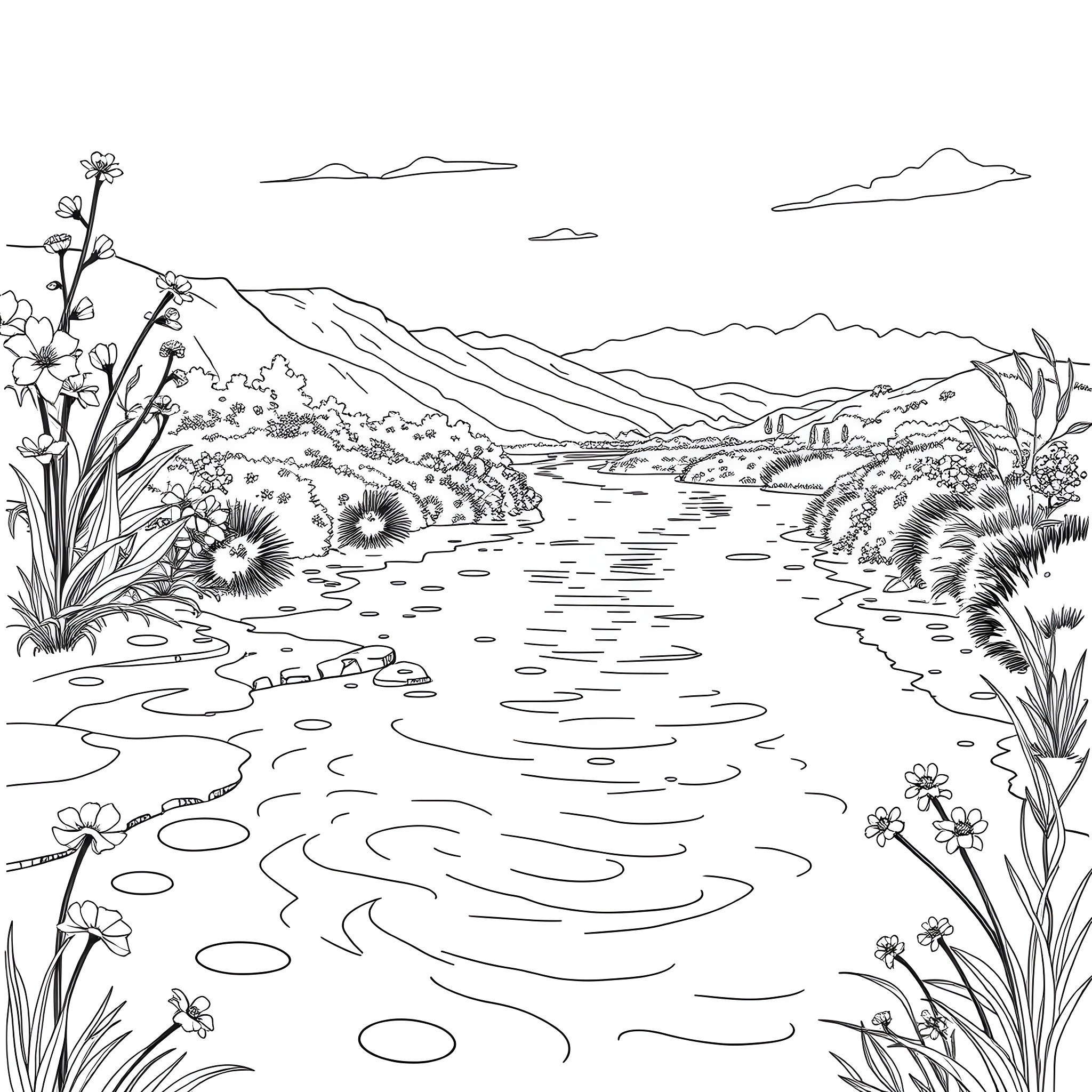 Blue Scenery of Peaceful Countryside Landscape Coloring Page (free black-and-white line drawing printable PDF for all, from beginners to advanced learners, including children, teens, adults, and seniors)