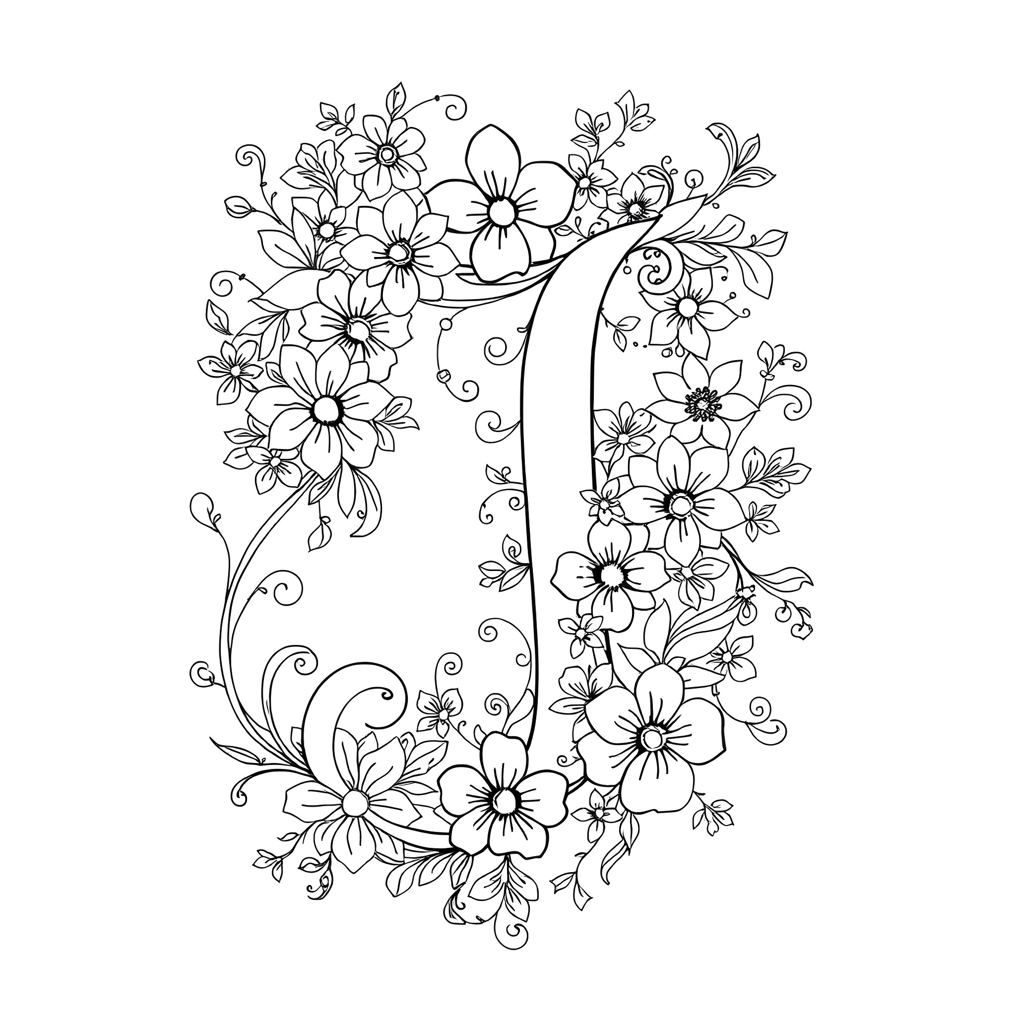 Letter J Adorned with Whimsical Floral Patterns Coloring Page (free black-and-white line drawing printable PDF for all, from beginners to advanced learners, including children, teens, adults, and seniors)