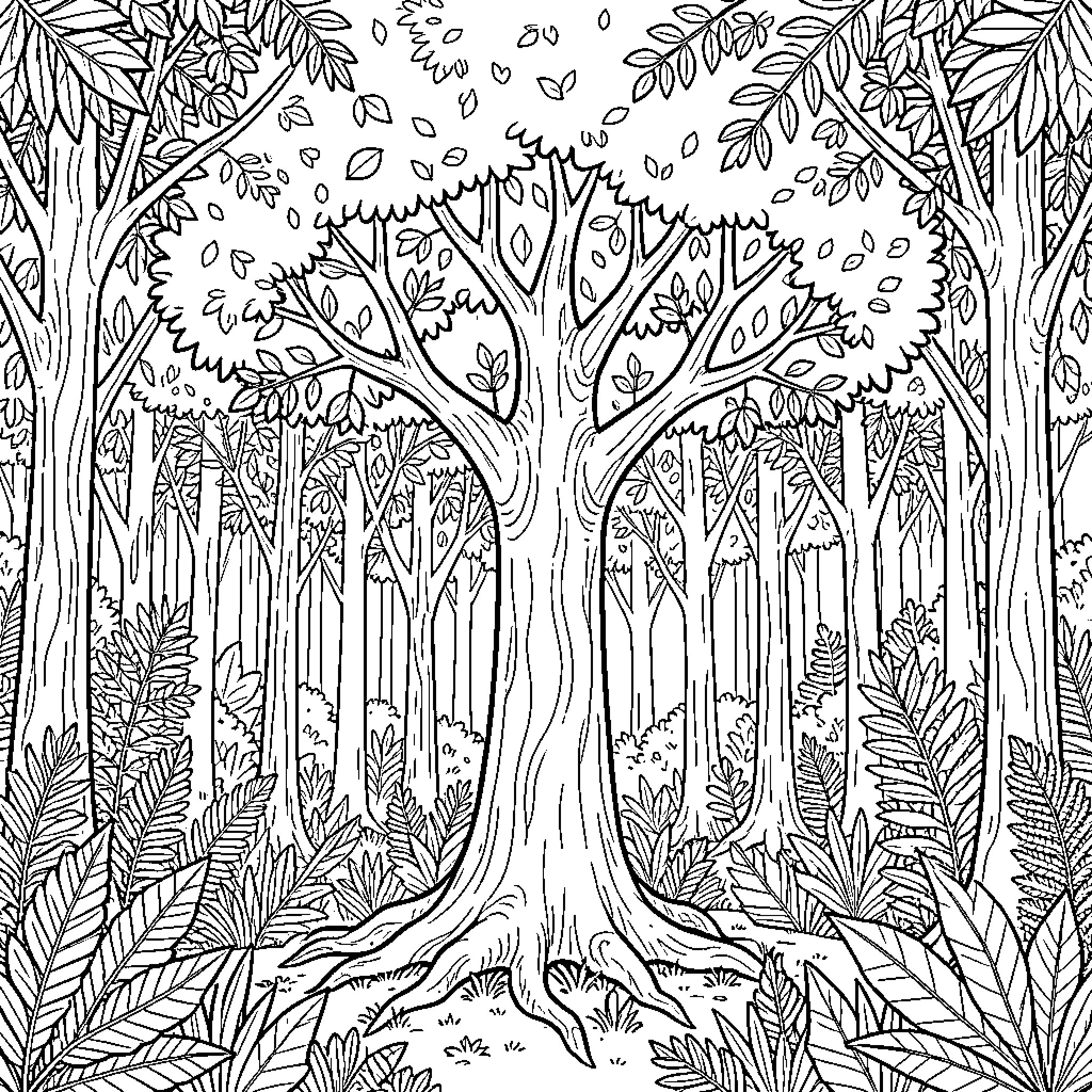 Tree standing amidst a dense forest of greenery Coloring Page (free black-and-white line drawing printable PDF for all, from beginners to advanced learners, including children, teens, adults, and seniors)