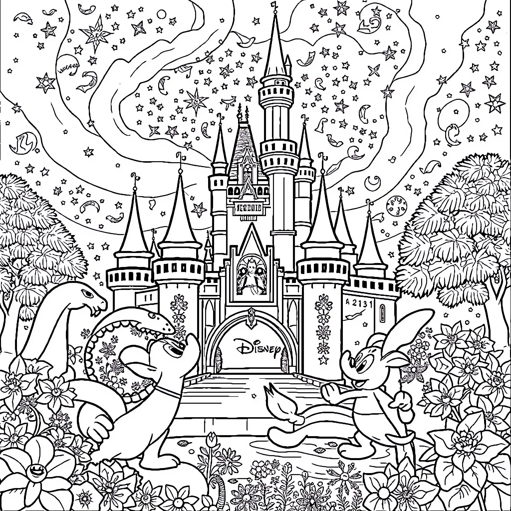 Walt Disney's Whimsical Castle Adventure Coloring Page (free black-and-white line drawing printable PDF for all, from beginners to advanced learners, including children, teens, adults, and seniors)