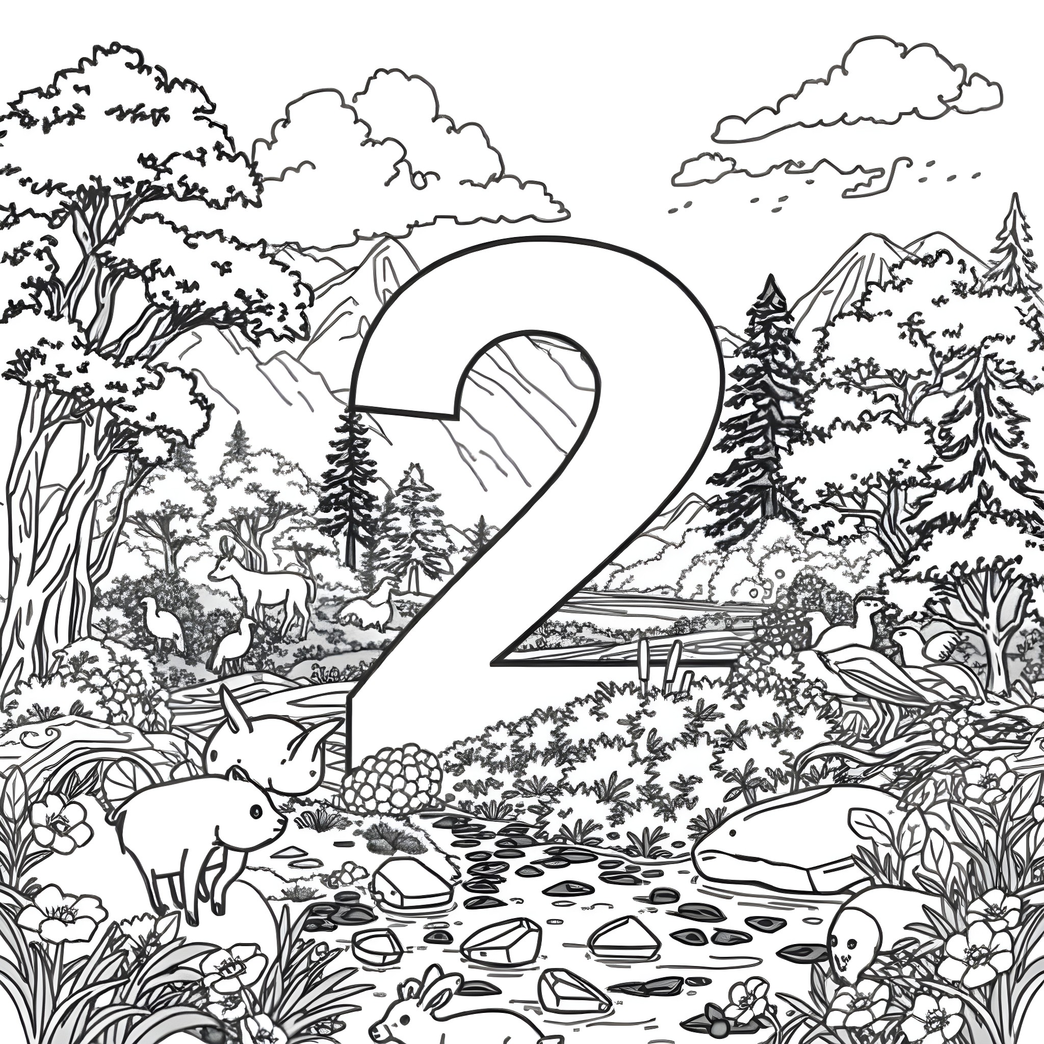 Number 2 - Animals in the Peaceful Forest Landscape Coloring Page (free black-and-white line drawing printable PDF for all, from beginners to advanced learners, including children, teens, adults, and seniors)