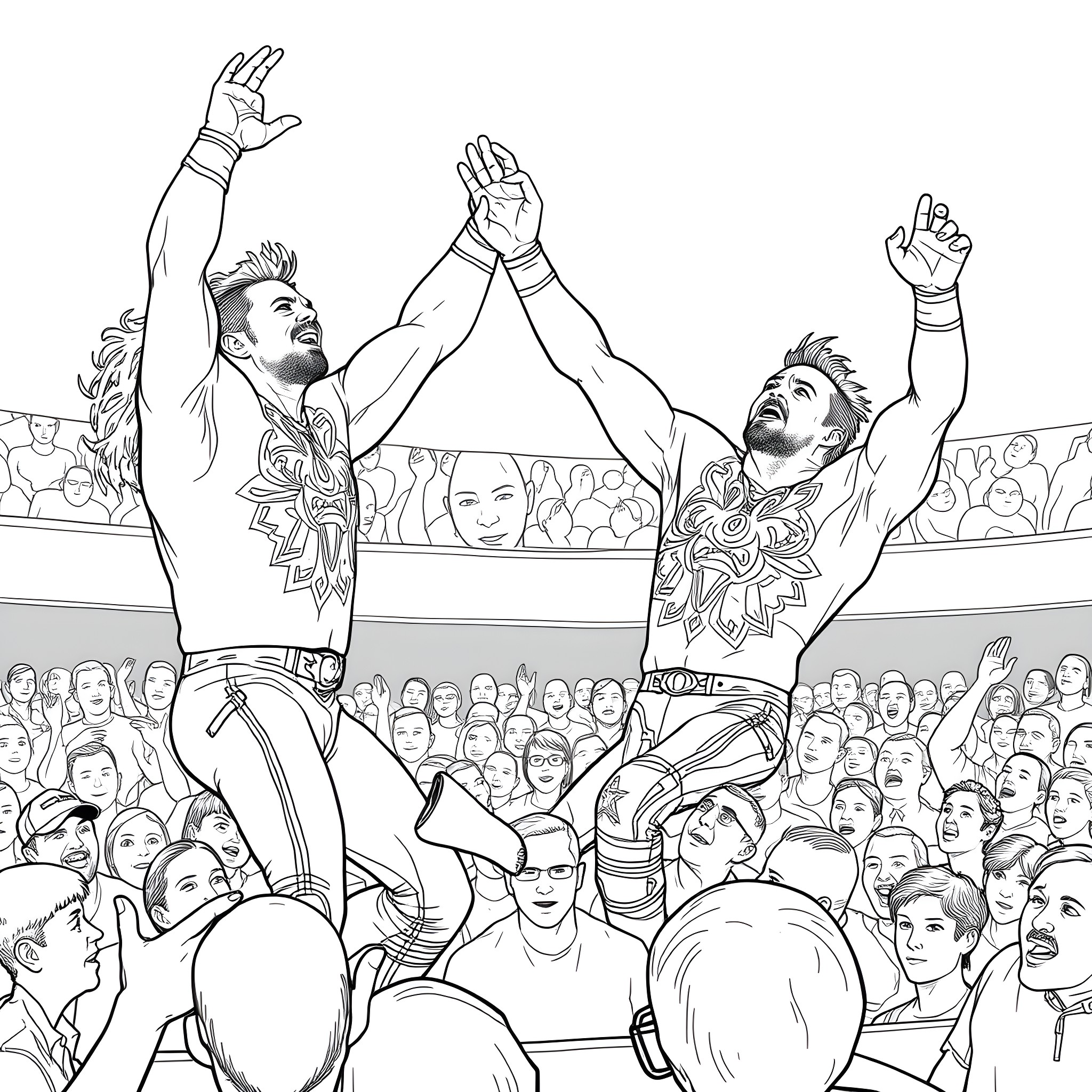 Hardy wrestlers celebrating victory in the arena Coloring Page (free black-and-white line drawing printable PDF for all, from beginners to advanced learners, including children, teens, adults, and seniors)