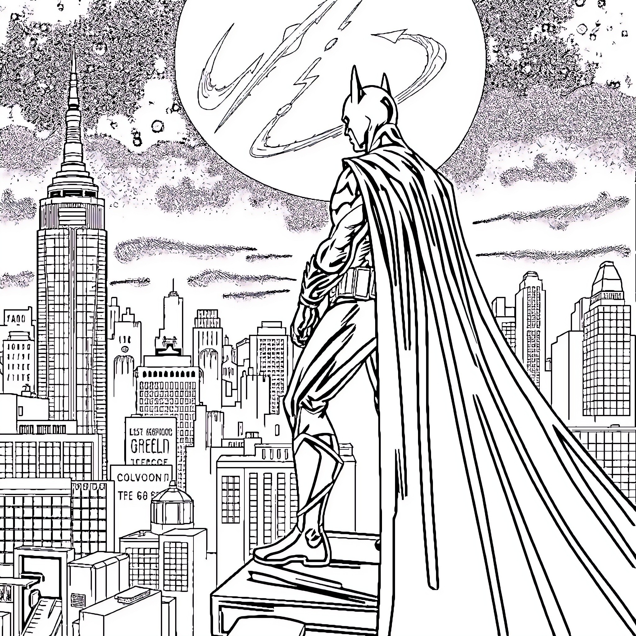 Batman overlooking a dramatic city skyline Coloring Page (free black-and-white line drawing printable PDF for all, from beginners to advanced learners, including children, teens, adults, and seniors)